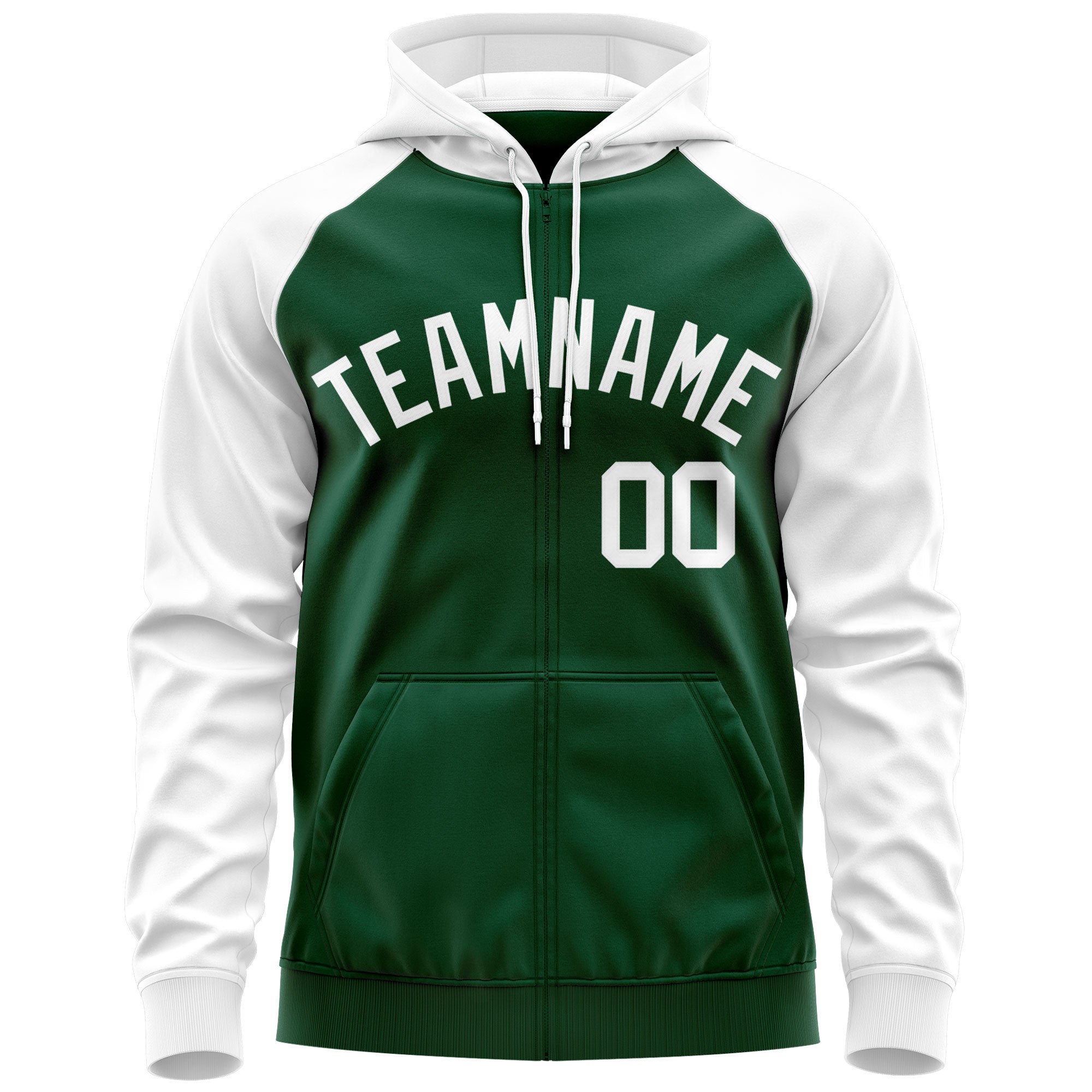 Custom Stitched Green White Raglan Sleeves Sports Full-Zip Sweatshirt Hoodie