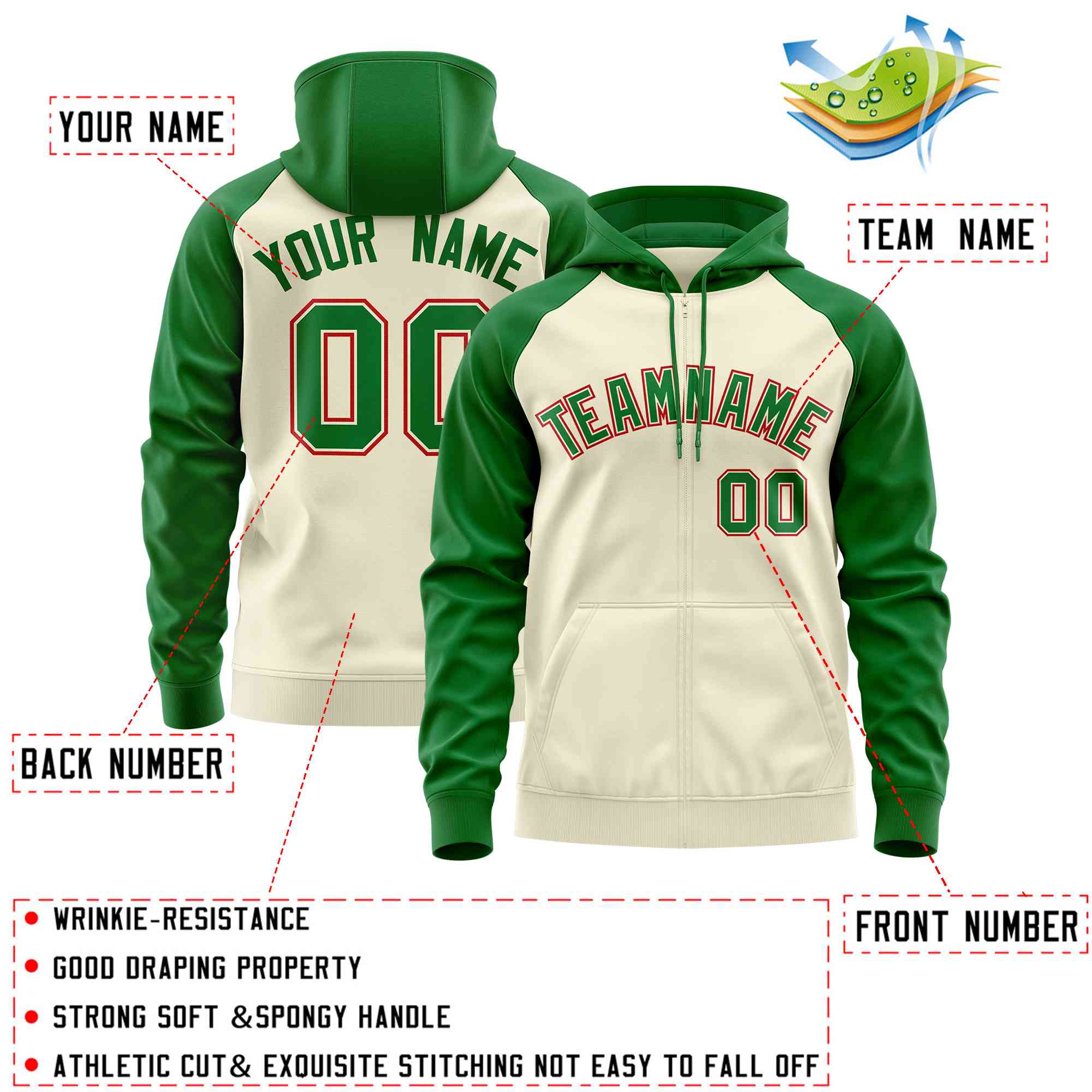 Custom Stitched Cream Kelly Green Raglan Sleeves Sports Full-Zip Sweatshirt Hoodie