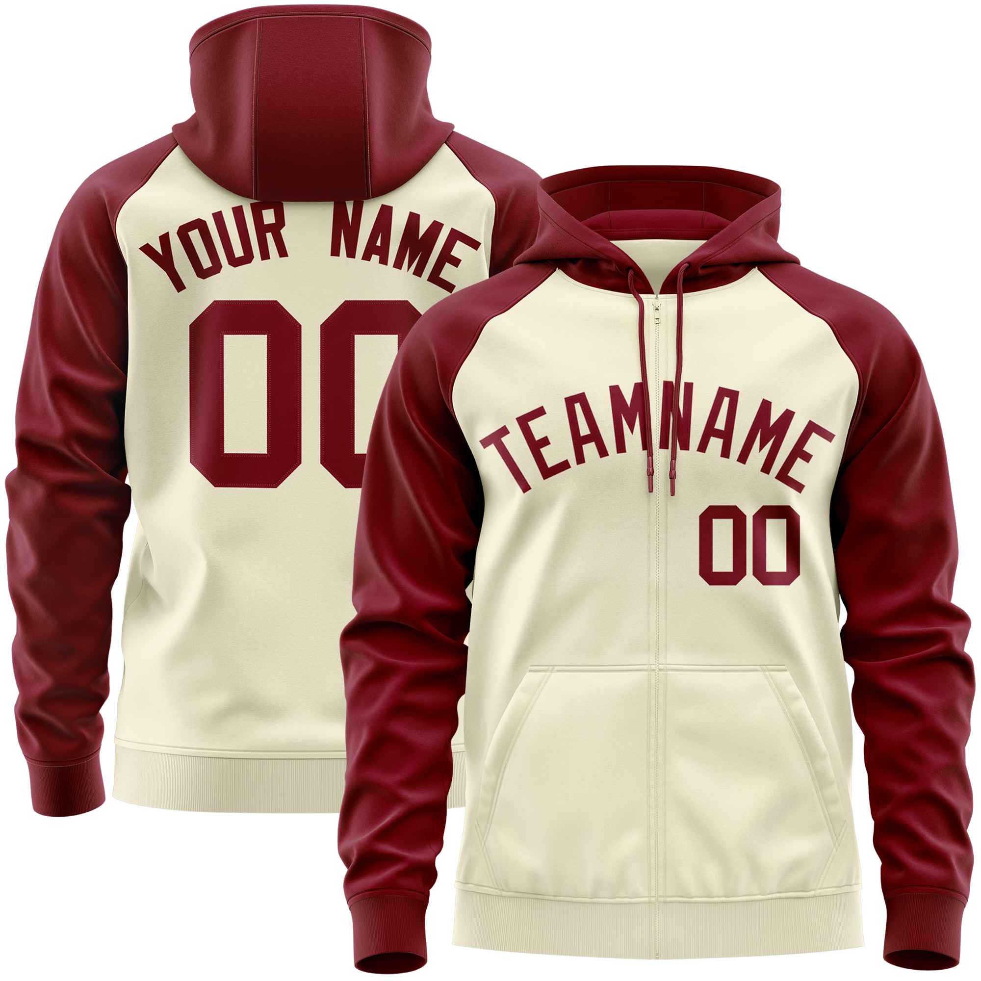 Custom Stitched Cream Crimson Raglan Sleeves Sports Full-Zip Sweatshirt Hoodie