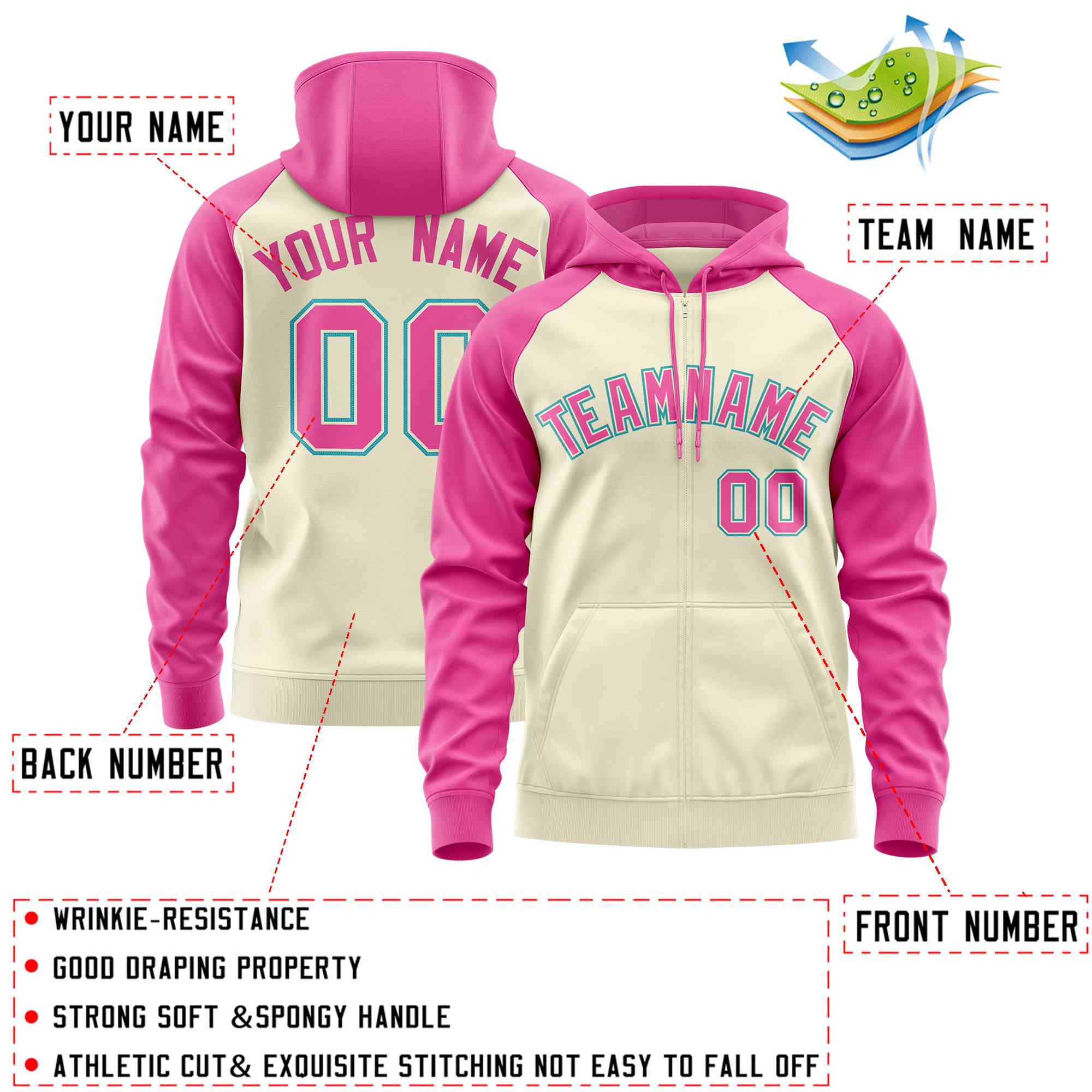 Custom Stitched Cream Pink Raglan Sleeves Sports Full-Zip Sweatshirt Hoodie