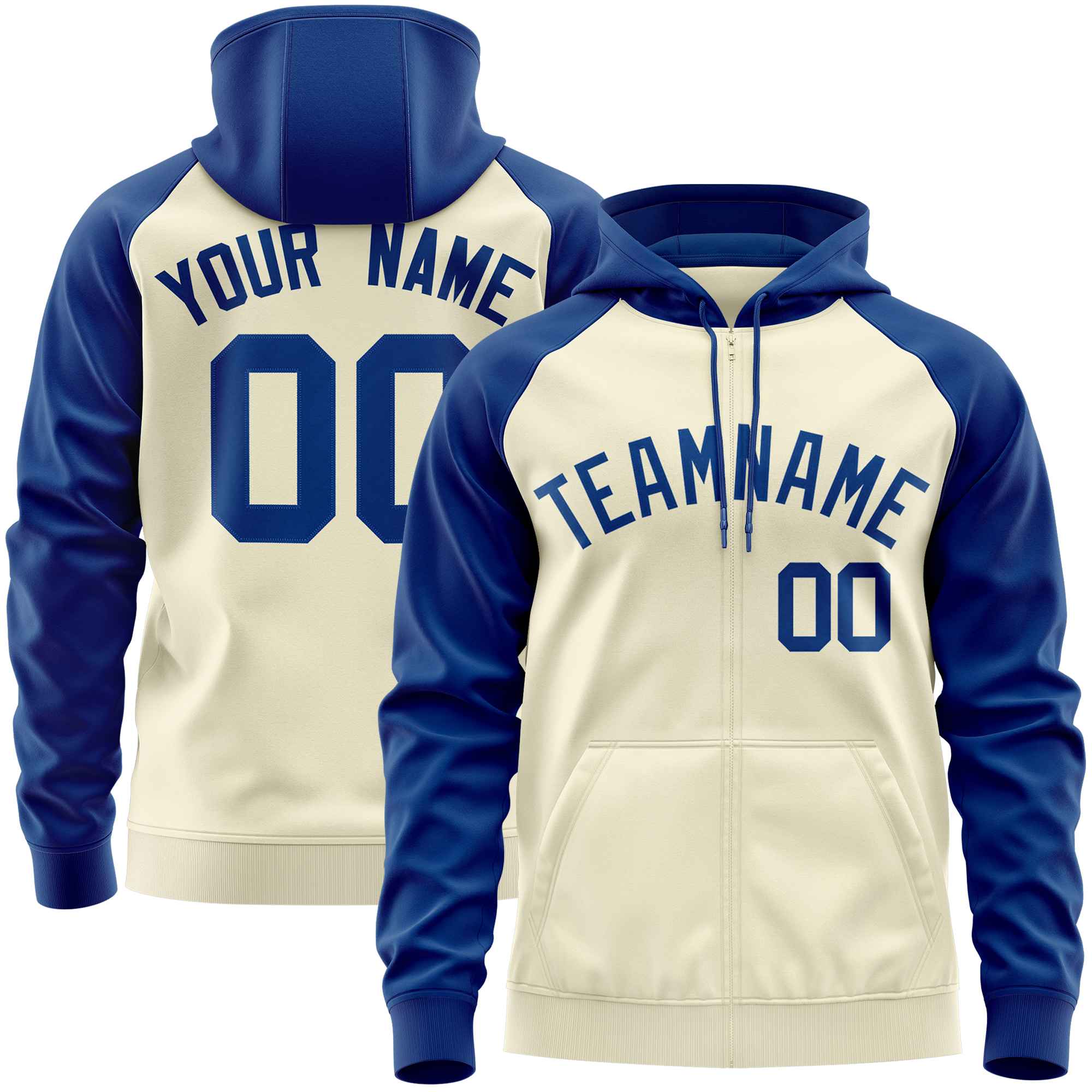 Custom Stitched Cream Royal Raglan Sleeves Sports Full-Zip Sweatshirt Hoodie