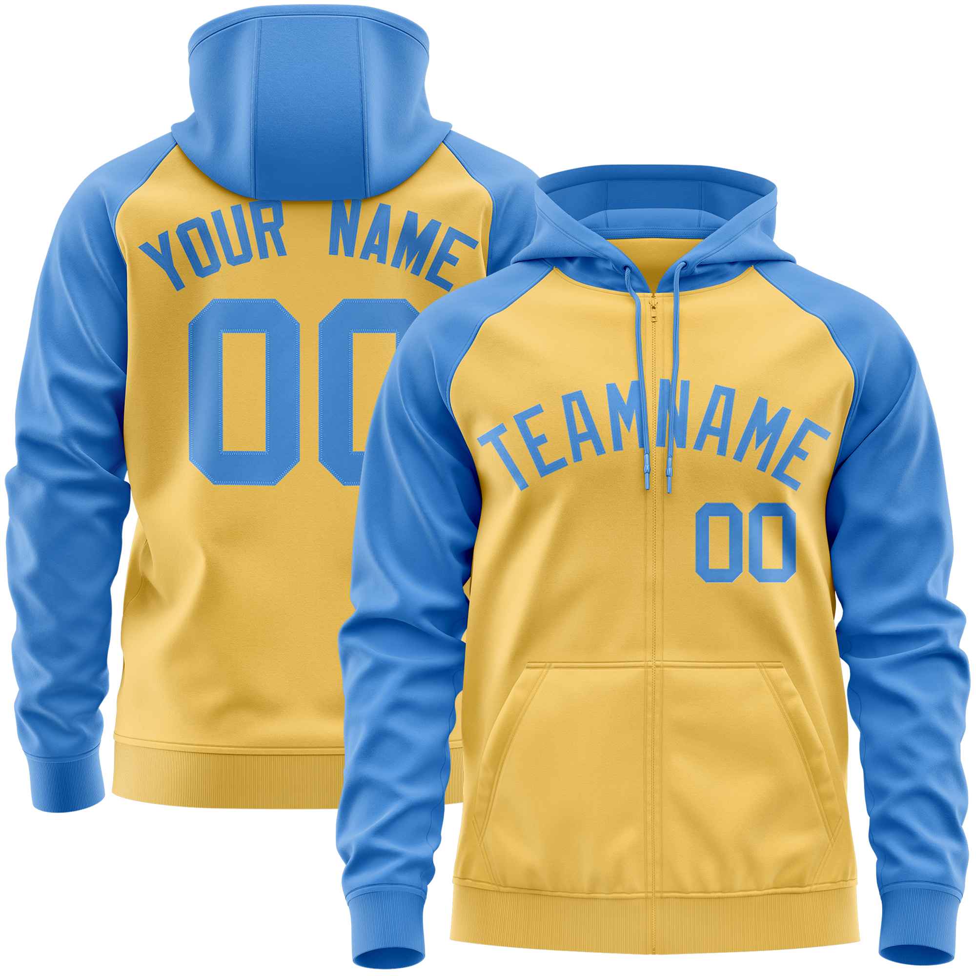 Custom Stitched Yellow Powder Blue Raglan Sleeves Sports Full-Zip Sweatshirt Hoodie