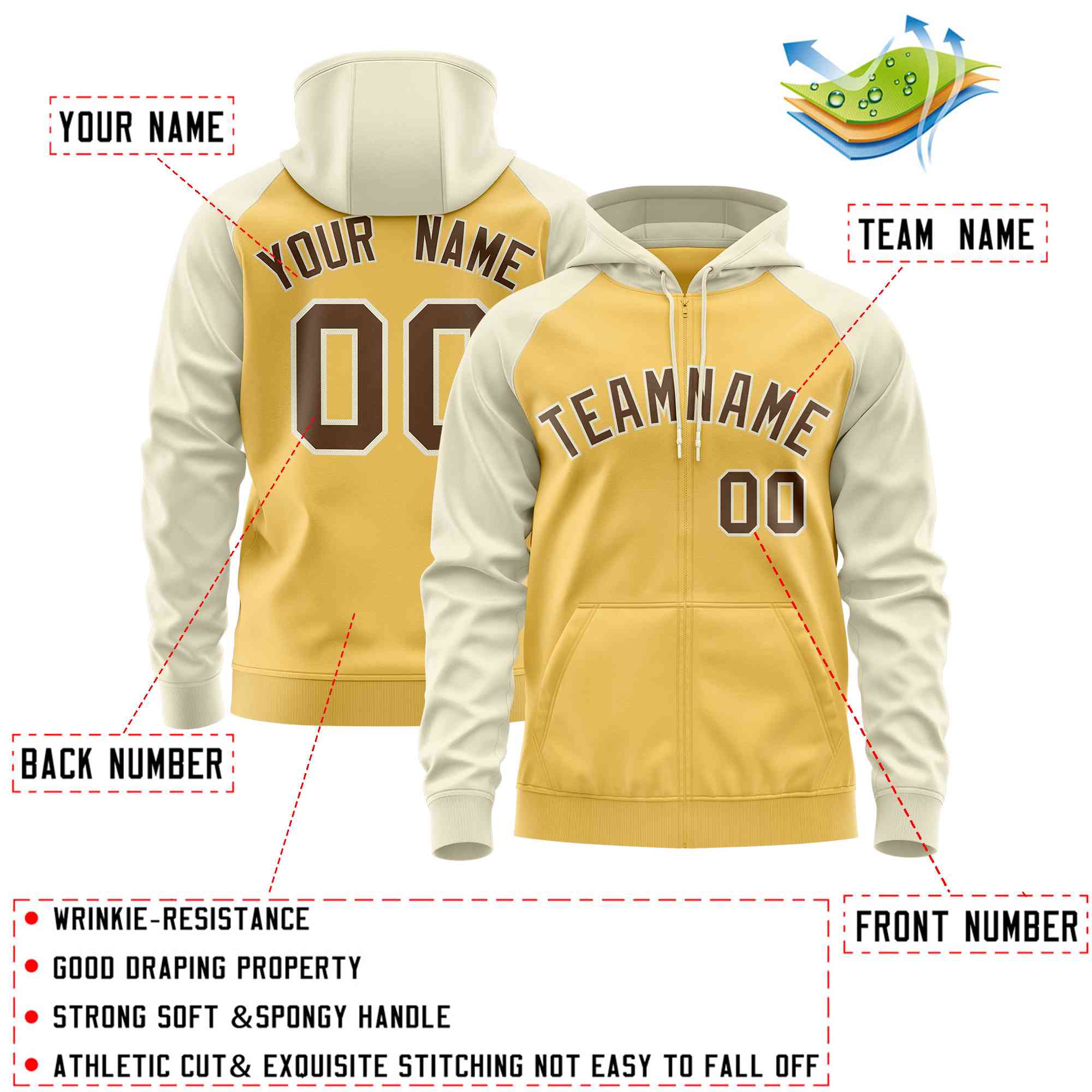 Custom Stitched Yellow Cream-Light Brown Raglan Sleeves Sports Full-Zip Sweatshirt Hoodie