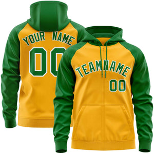 Custom Stitched Gold Kelly Green Raglan Sleeves Sports Full-Zip Sweatshirt Hoodie