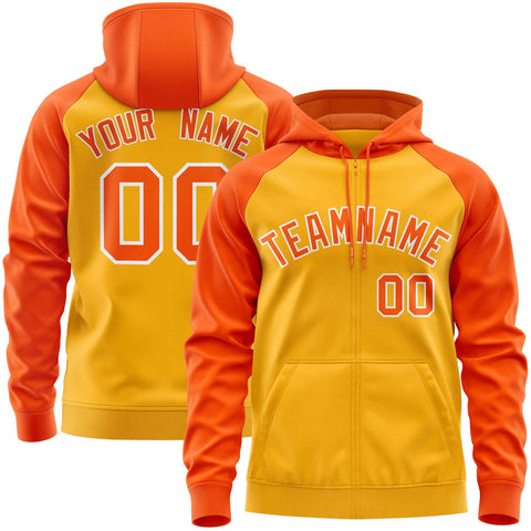 Custom Stitched Gold Orange Raglan Sleeves Sports Full-Zip Sweatshirt Hoodie