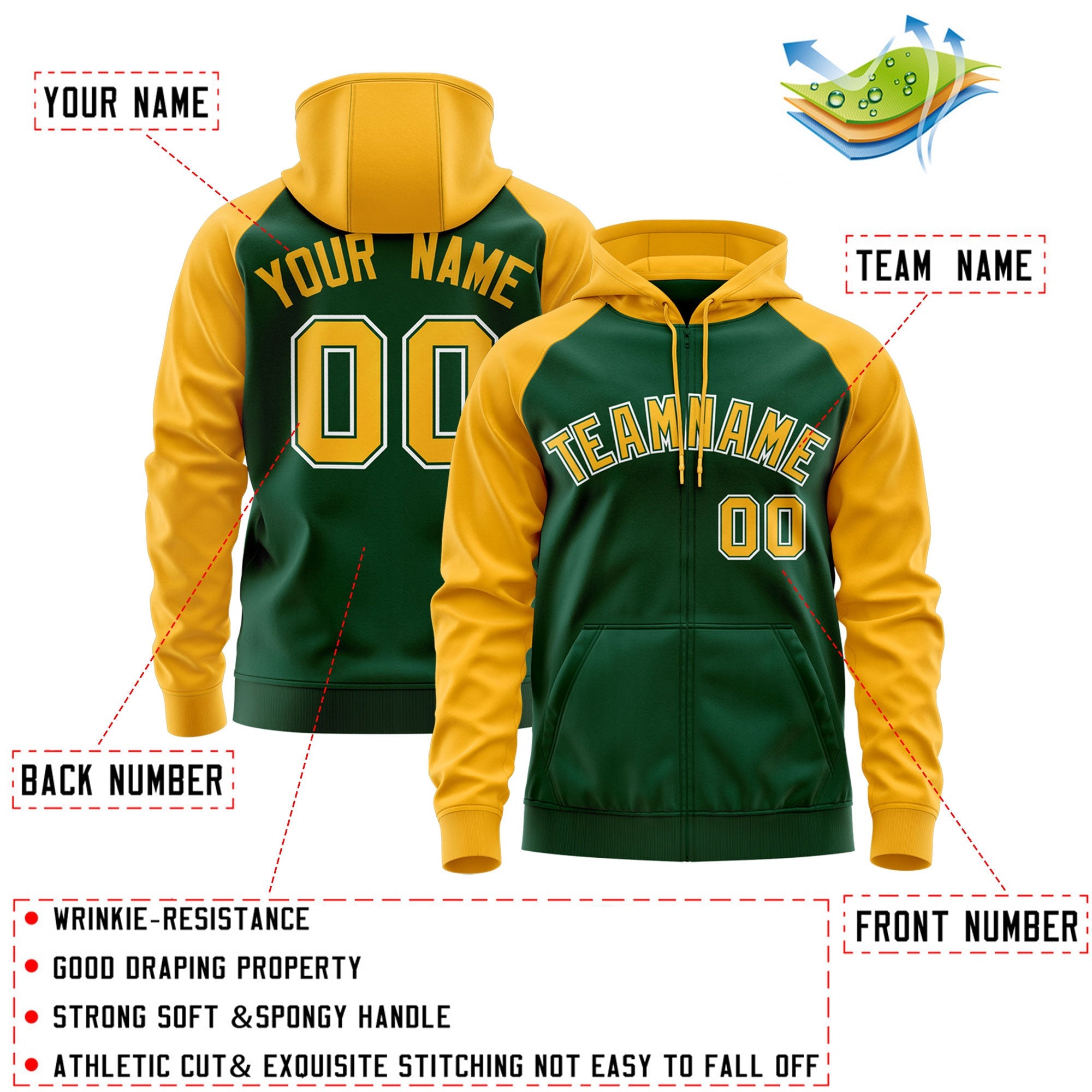 Custom Stitched Green Gold-White Raglan Sleeves Sports Full-Zip Sweatshirt Hoodie