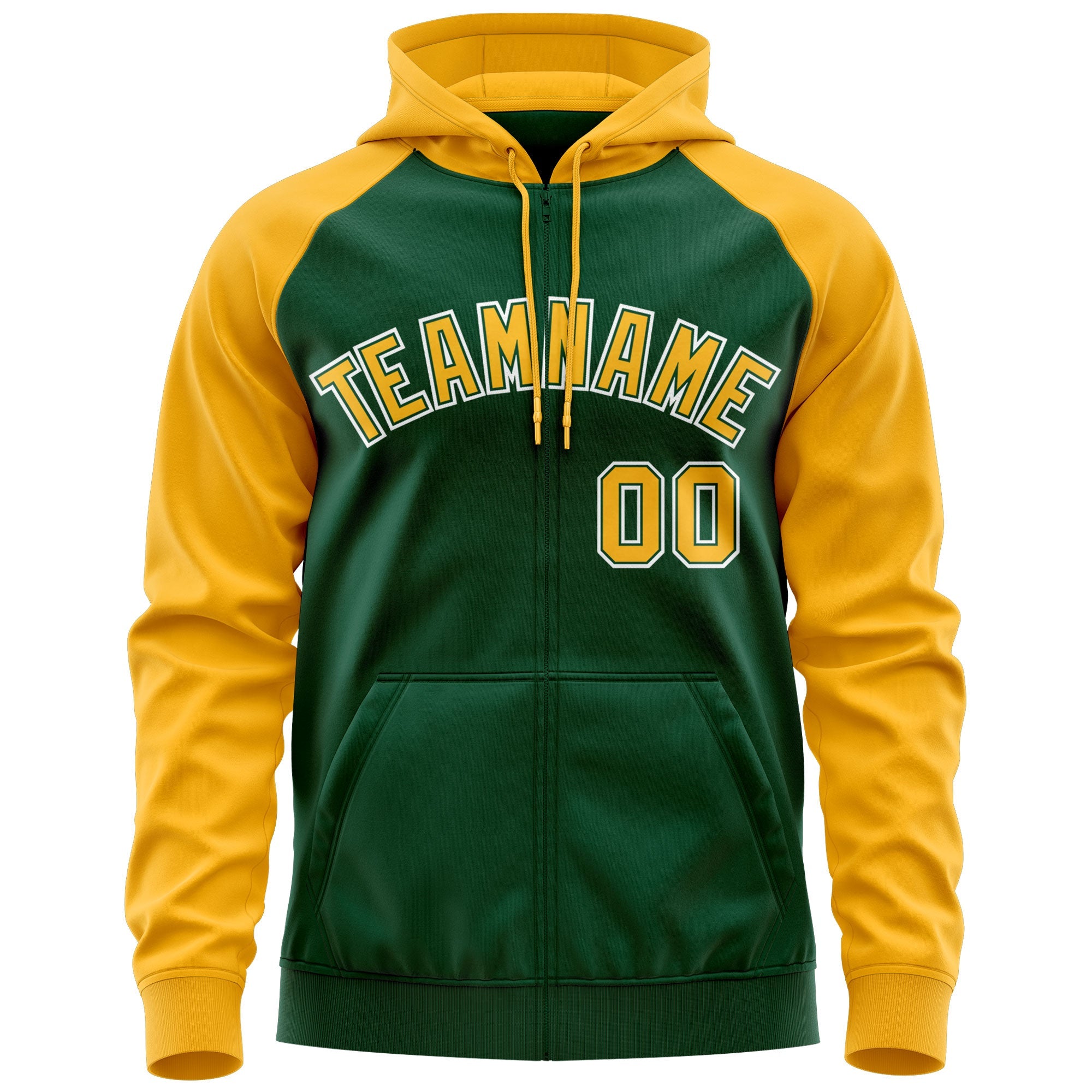 Custom Stitched Green Gold-White Raglan Sleeves Sports Full-Zip Sweatshirt Hoodie