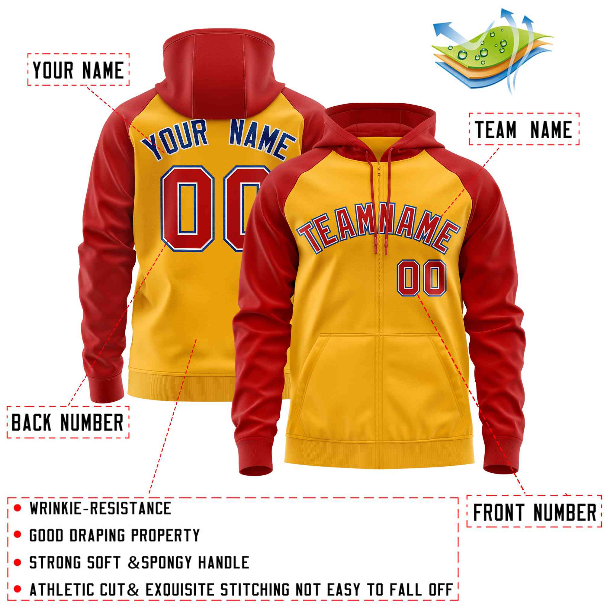 Custom Stitched Gold Red Raglan Sleeves Sports Full-Zip Sweatshirt Hoodie