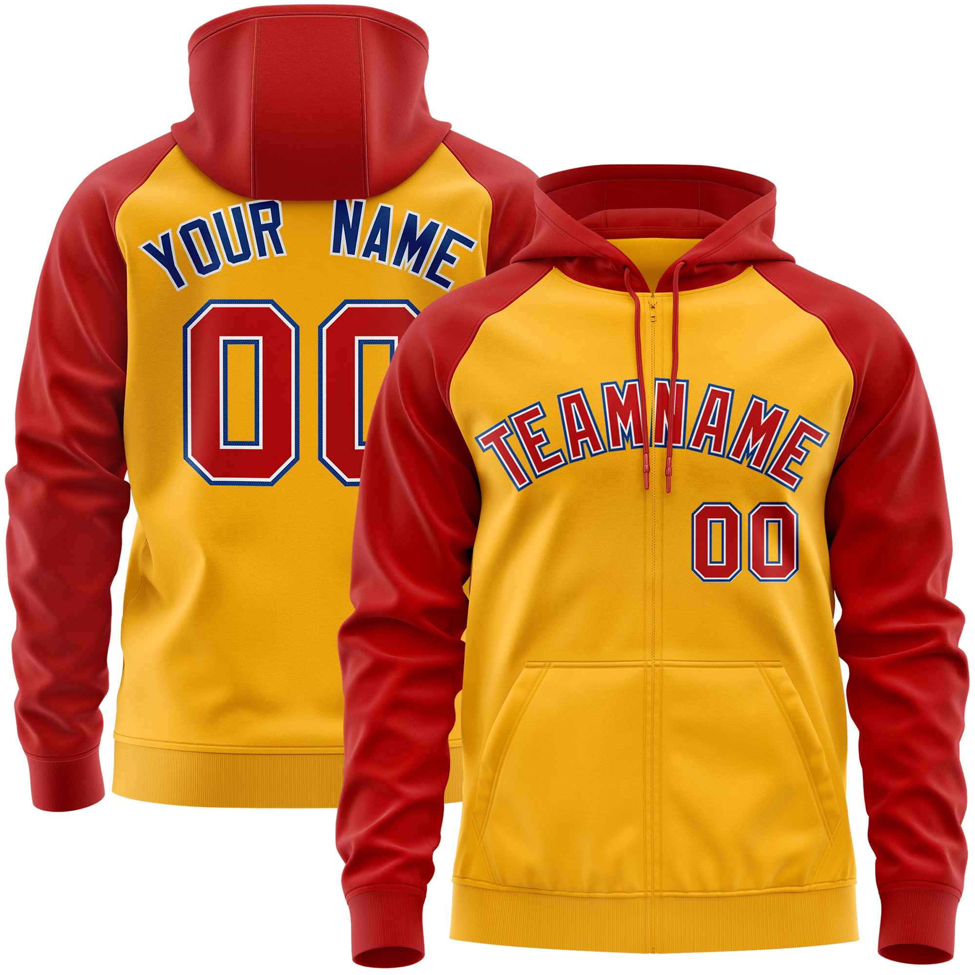 Custom Stitched Gold Red Raglan Sleeves Sports Full-Zip Sweatshirt Hoodie