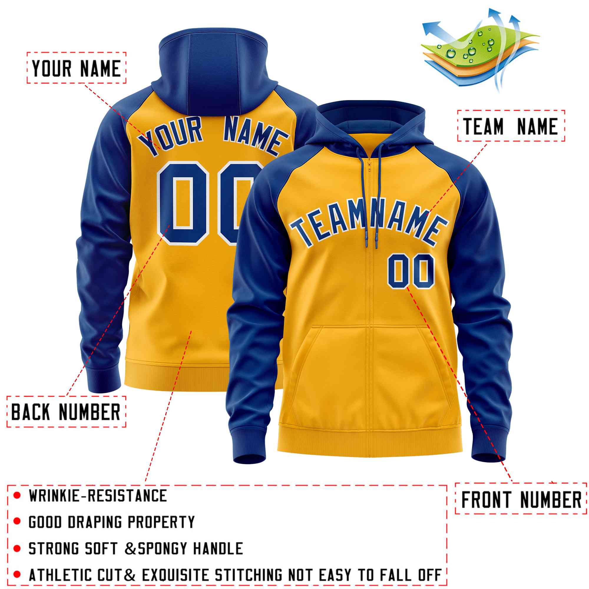 Custom Stitched Gold Royal Raglan Sleeves Sports Full-Zip Sweatshirt Hoodie