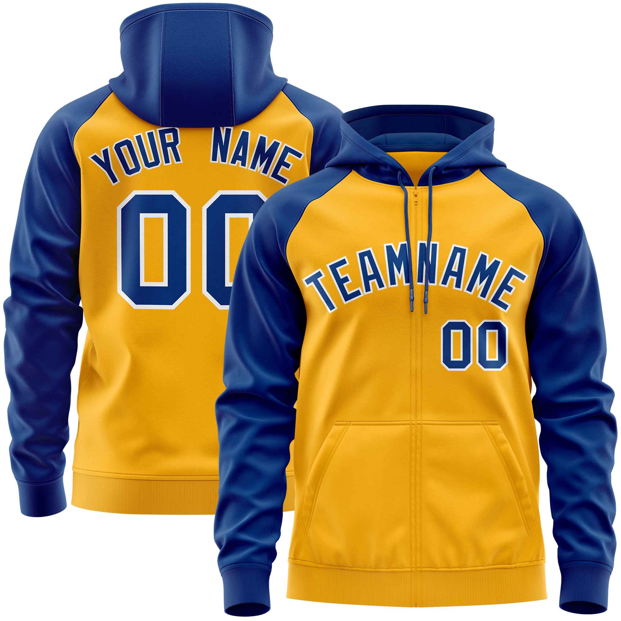 Custom Stitched Gold Royal Raglan Sleeves Sports Full-Zip Sweatshirt Hoodie