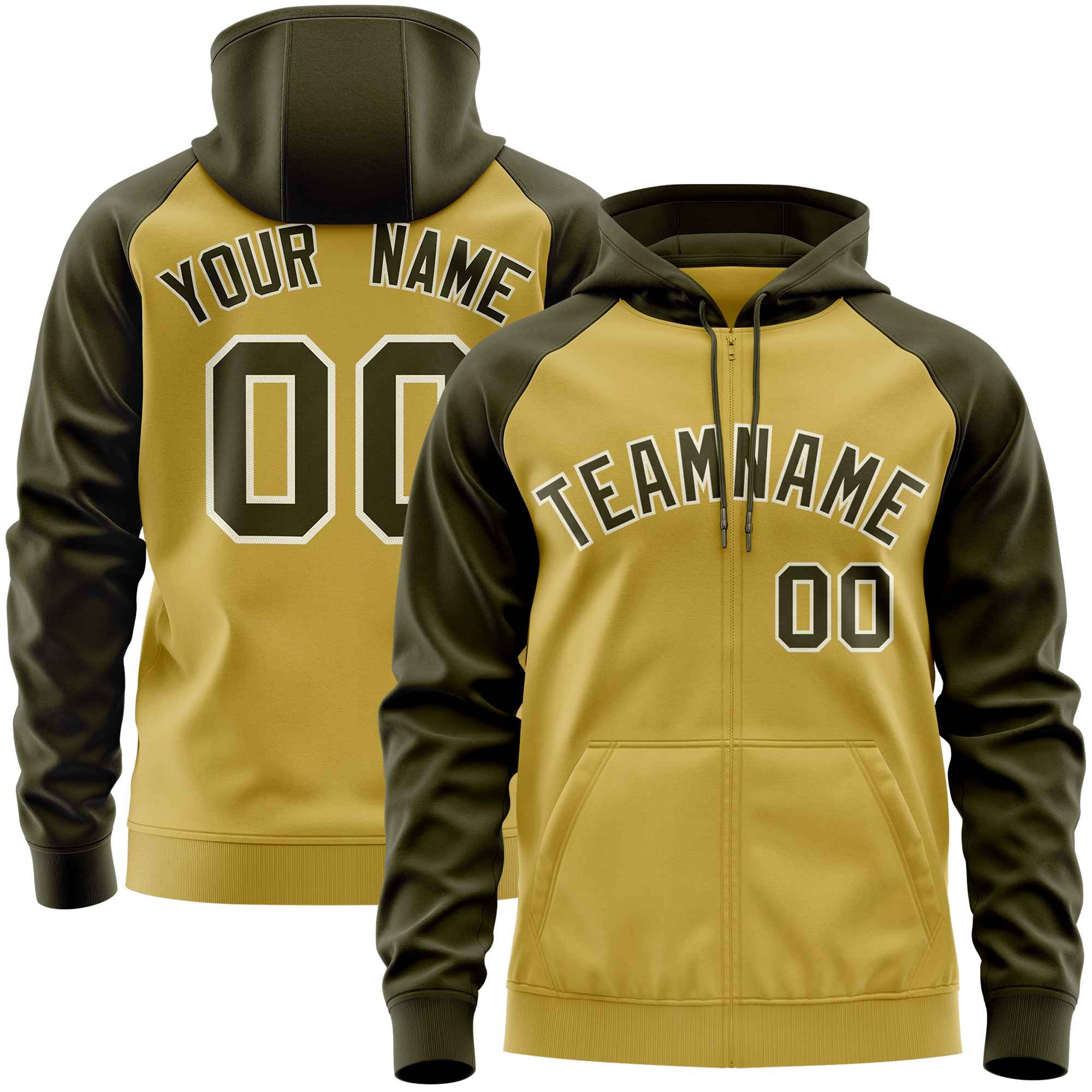 Custom Stitched Old Gold Olive Raglan Sleeves Sports Full-Zip Sweatshirt Hoodie