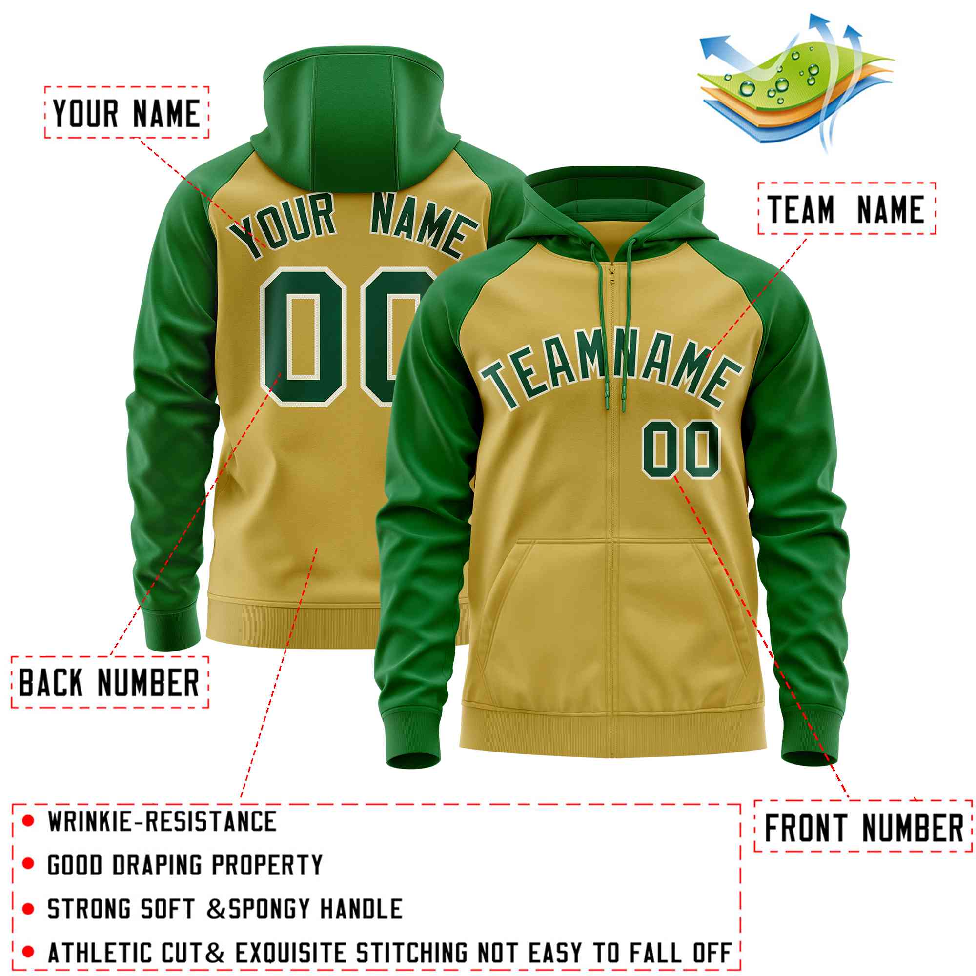 Custom Stitched Old Gold Kelly Green Raglan Sleeves Sports Full-Zip Sweatshirt Hoodie