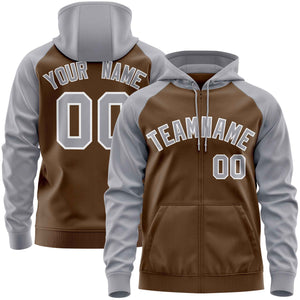 Custom Stitched Light Brown Light Gray Raglan Sleeves Sports Full-Zip Sweatshirt Hoodie