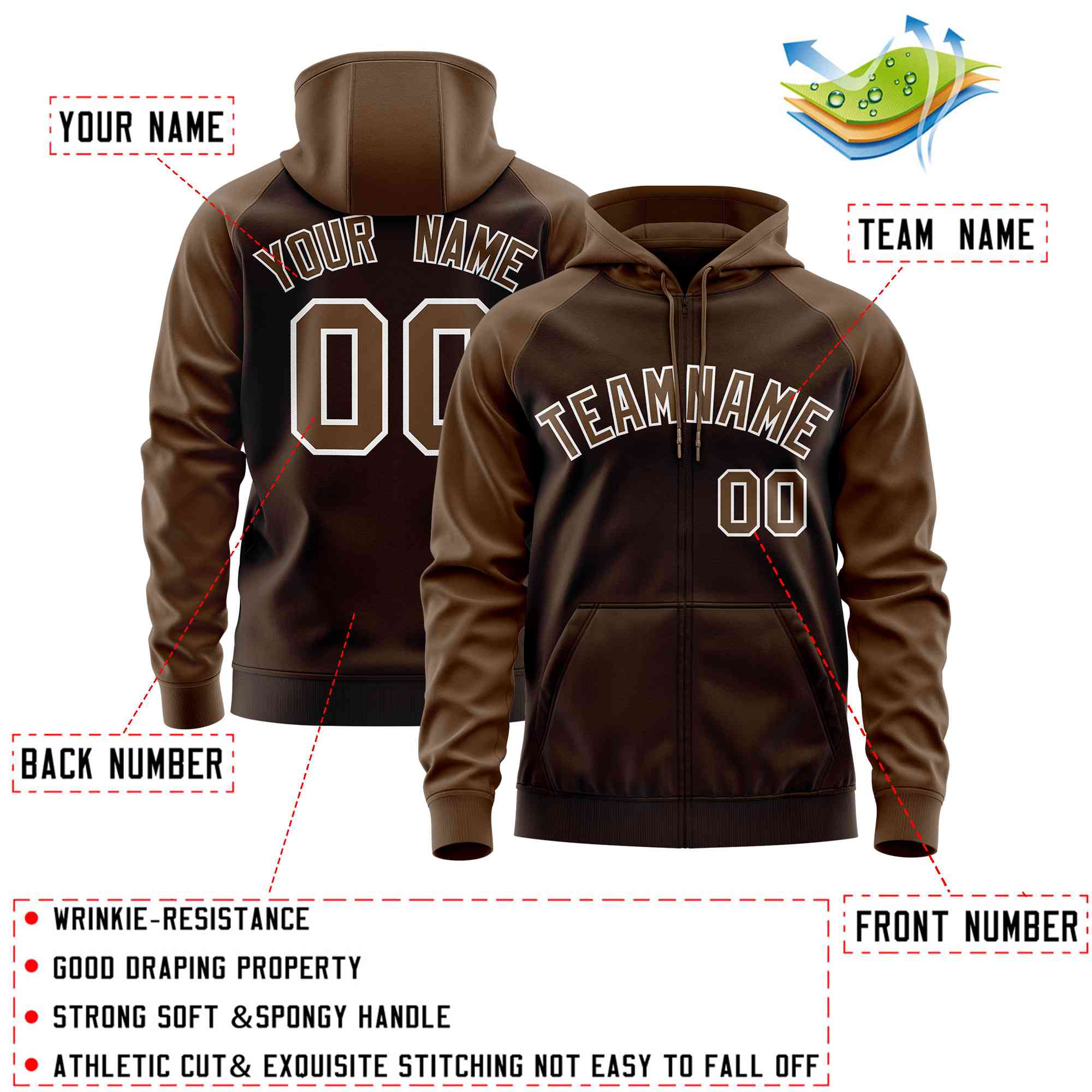 Custom Stitched Brown Light Brown Raglan Sleeves Sports Full-Zip Sweatshirt Hoodie