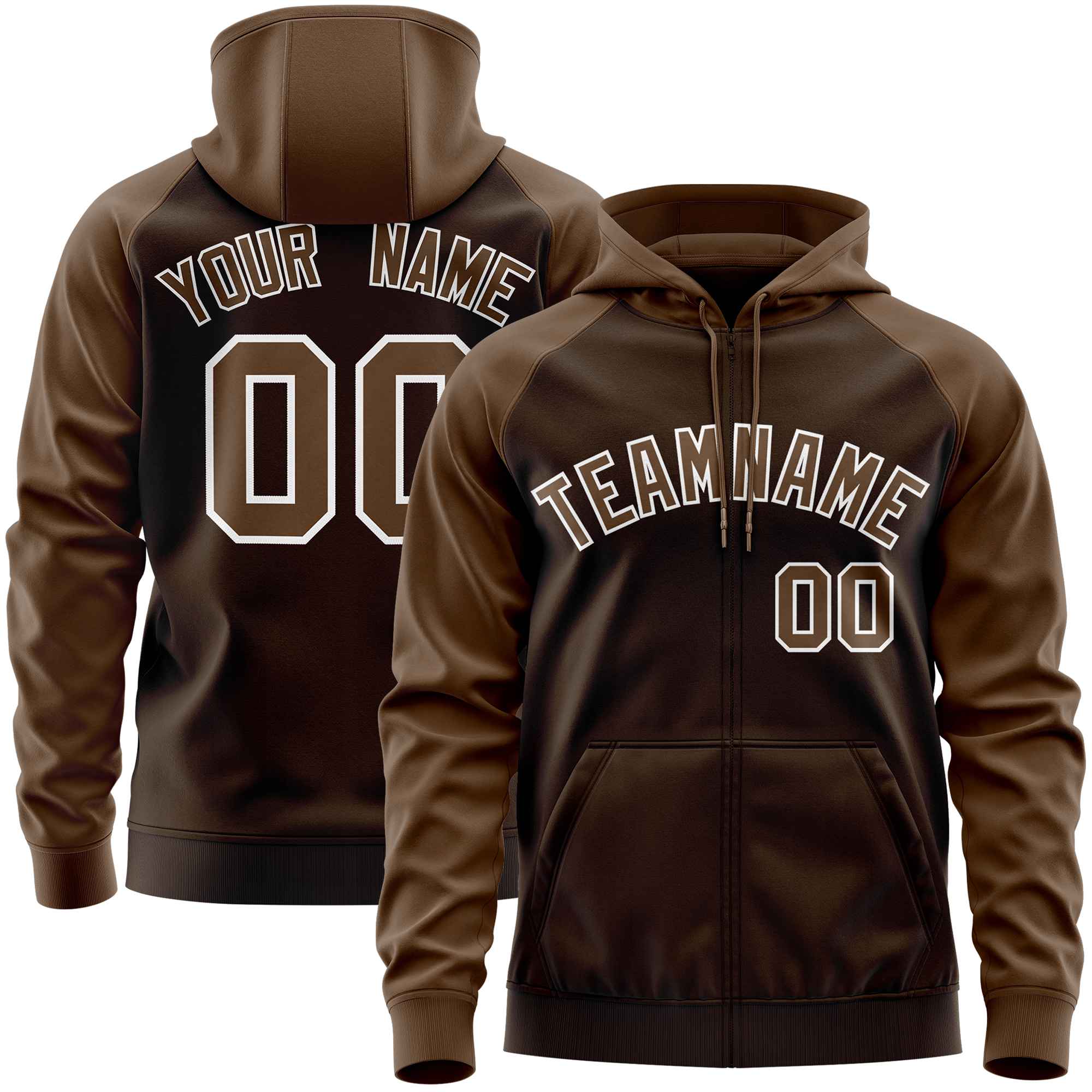 Custom Stitched Brown Light Brown Raglan Sleeves Sports Full-Zip Sweatshirt Hoodie