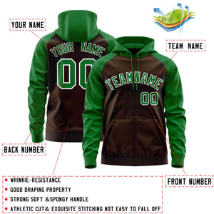 Custom Stitched Brown Kelly Green Raglan Sleeves Sports Full-Zip Sweatshirt Hoodie