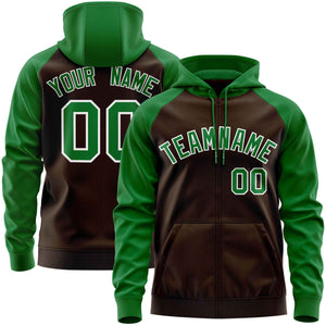 Custom Stitched Brown Kelly Green Raglan Sleeves Sports Full-Zip Sweatshirt Hoodie