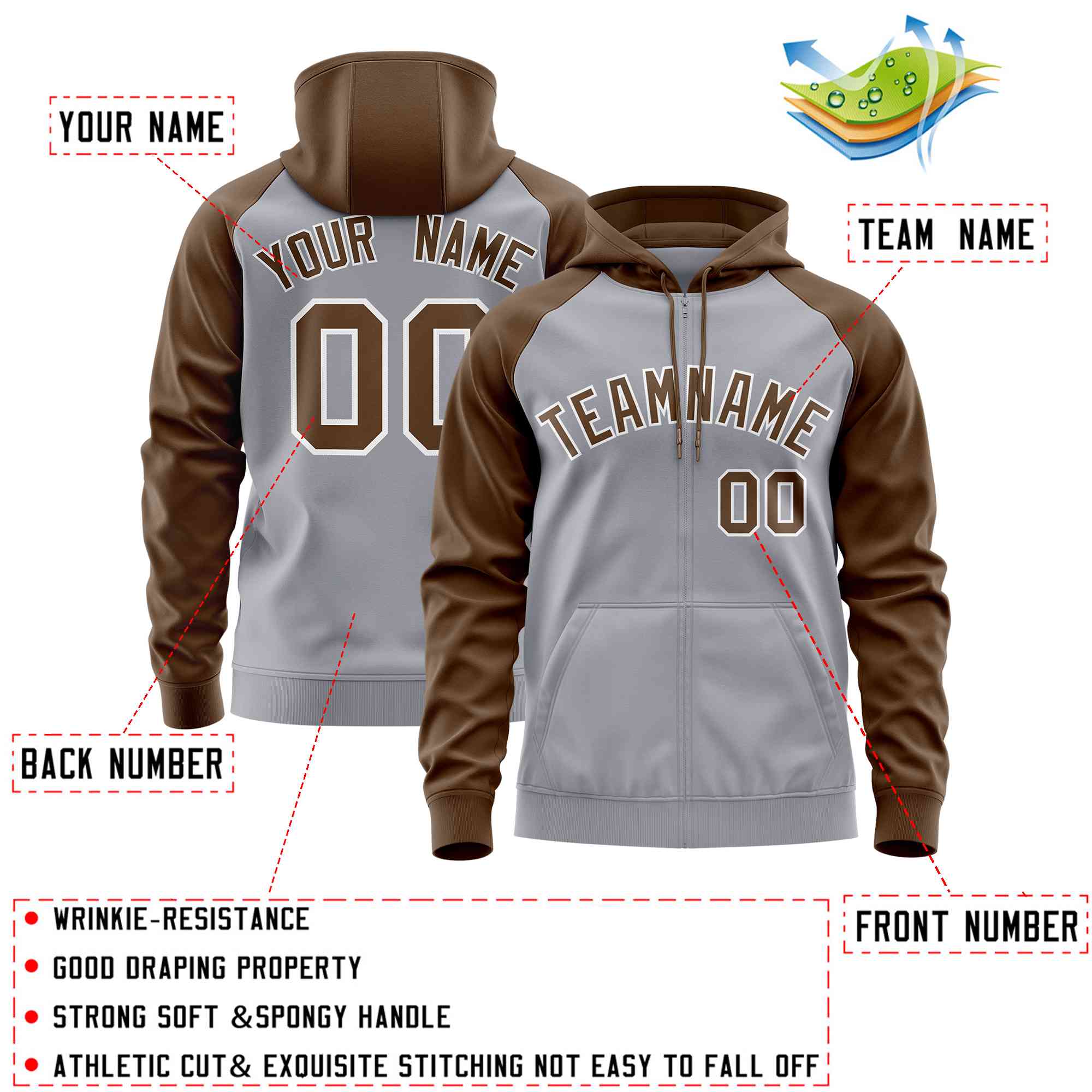 Custom Stitched Light Gray Light Brown Raglan Sleeves Sports Full-Zip Sweatshirt Hoodie