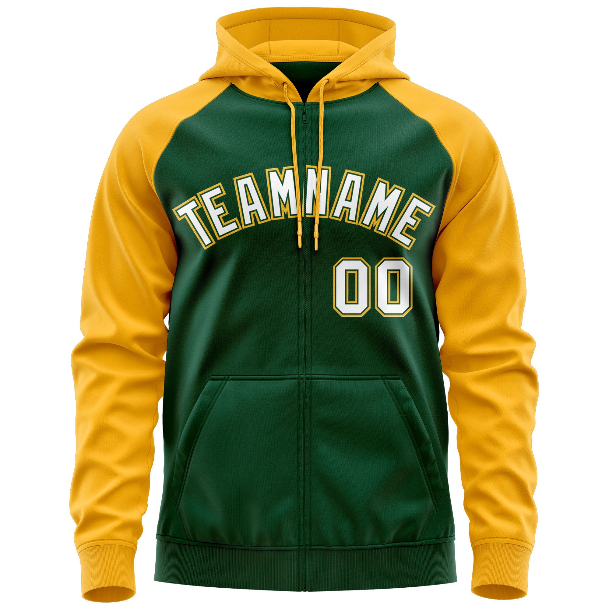 Custom Stitched Green White-Gold Raglan Sleeves Sports Full-Zip Sweatshirt Hoodie