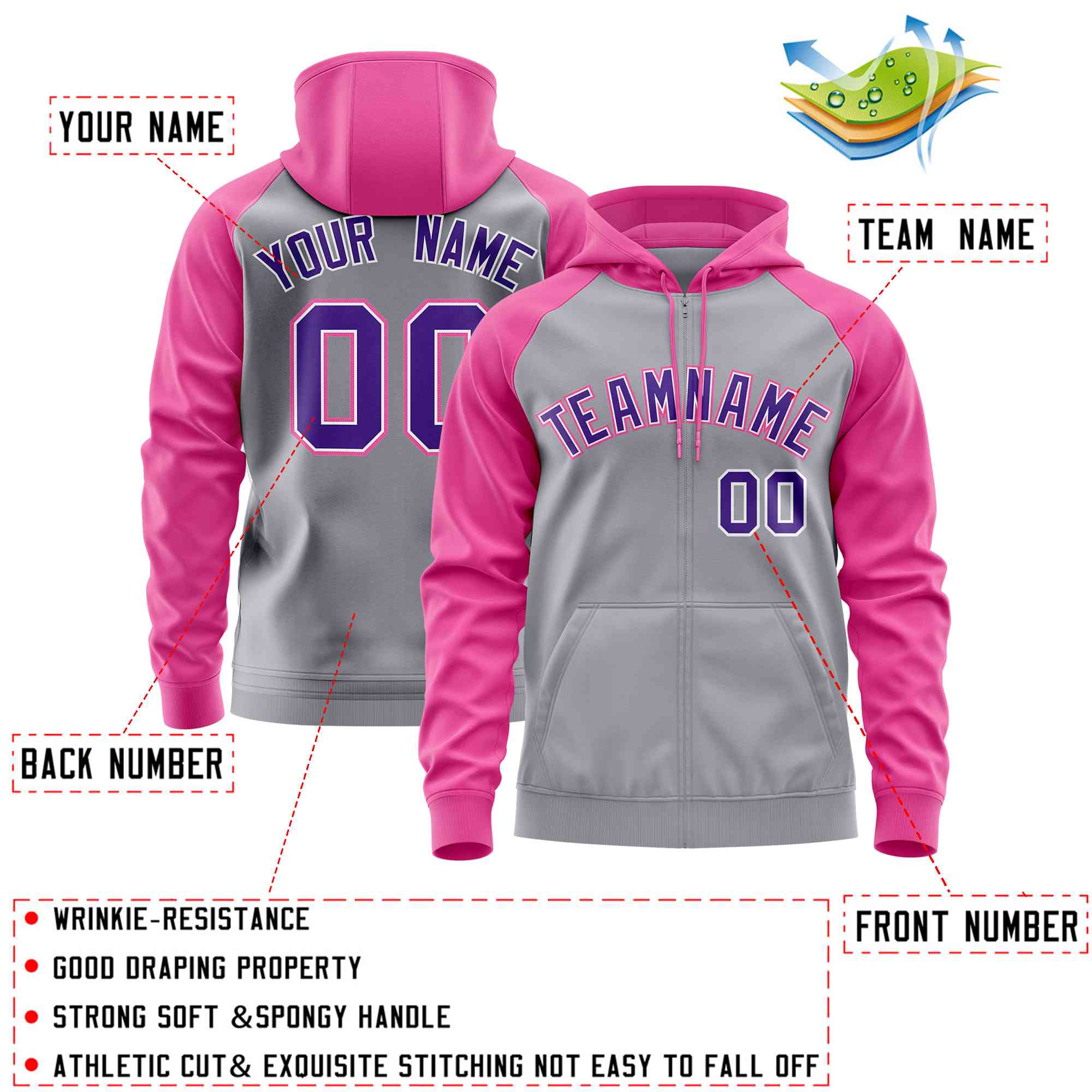 Custom Stitched Light Gray Pink-Purple Raglan Sleeves Sports Full-Zip Sweatshirt Hoodie