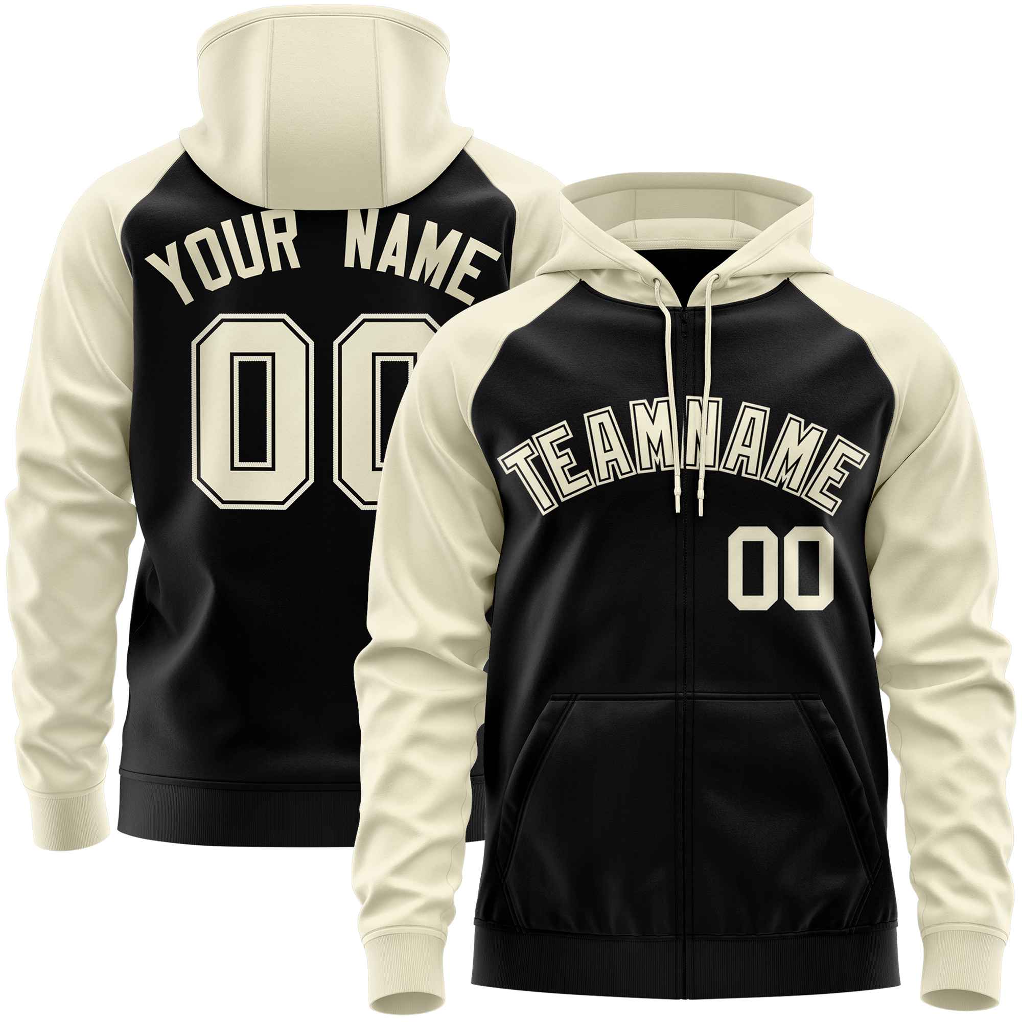 Custom Stitched Black Cream Raglan Sleeves Sports Full-Zip Sweatshirt Hoodie