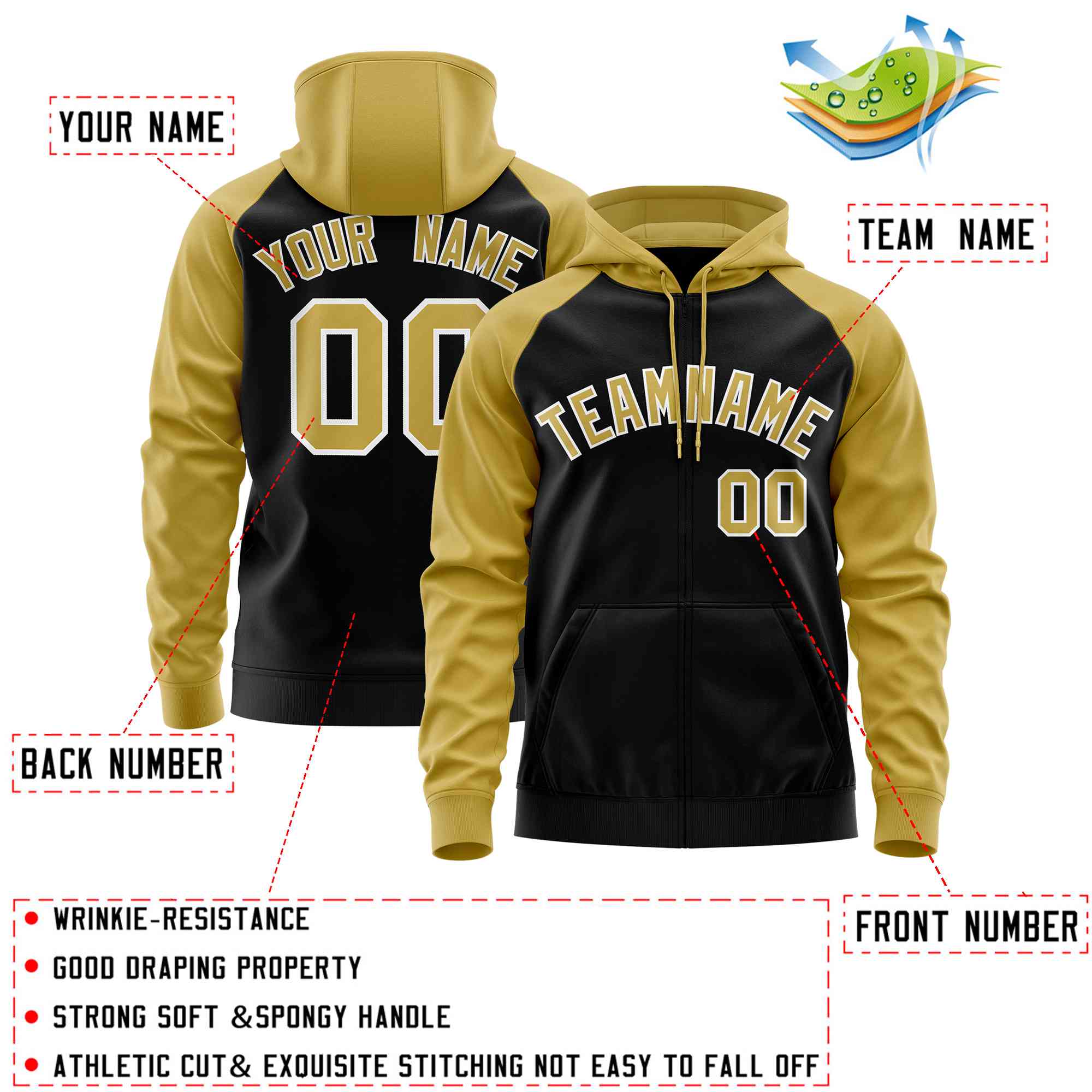 Custom Stitched Black Old Gold Raglan Sleeves Sports Full-Zip Sweatshirt Hoodie