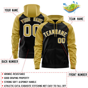 Custom Stitched Black Old Gold Raglan Sleeves Sports Full-Zip Sweatshirt Hoodie