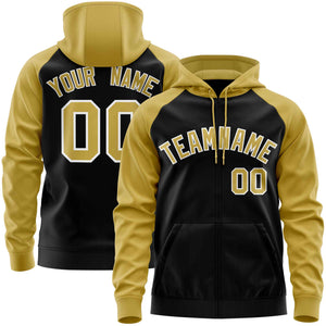 Custom Stitched Black Old Gold Raglan Sleeves Sports Full-Zip Sweatshirt Hoodie