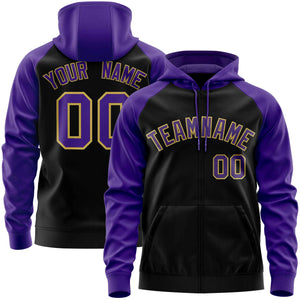 Custom Stitched Black Purple Raglan Sleeves Sports Full-Zip Sweatshirt Hoodie