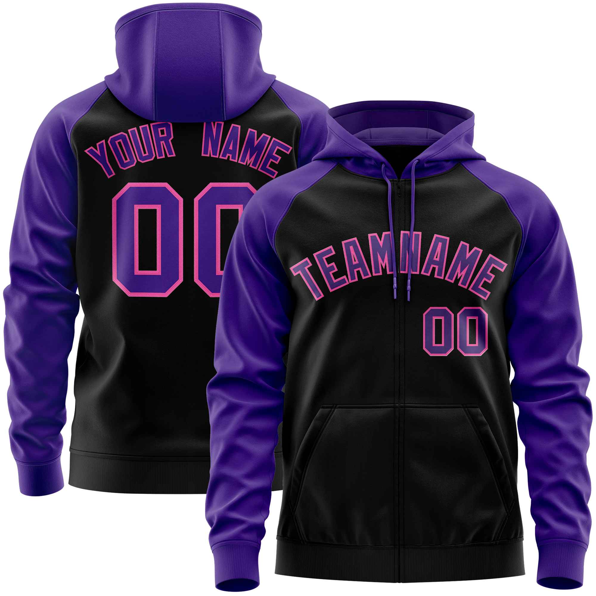 Custom Stitched Black Purple Raglan Sleeves Sports Full-Zip Sweatshirt Hoodie