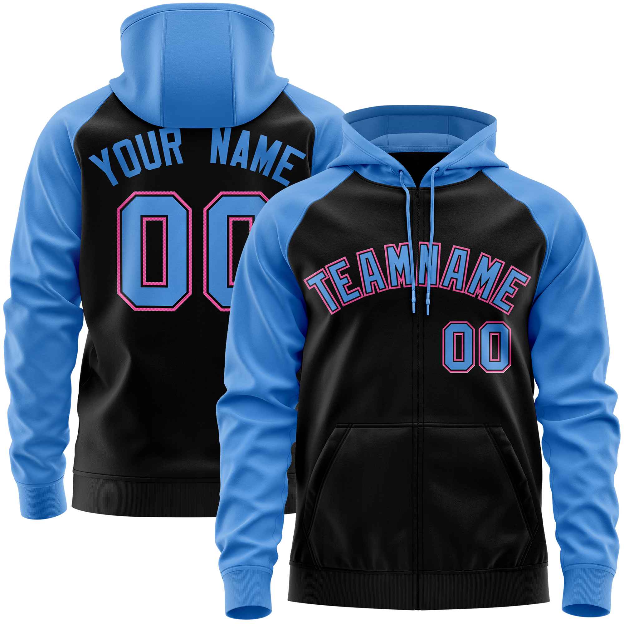 Custom Stitched Black Powder Blue Raglan Sleeves Sports Full-Zip Sweatshirt Hoodie