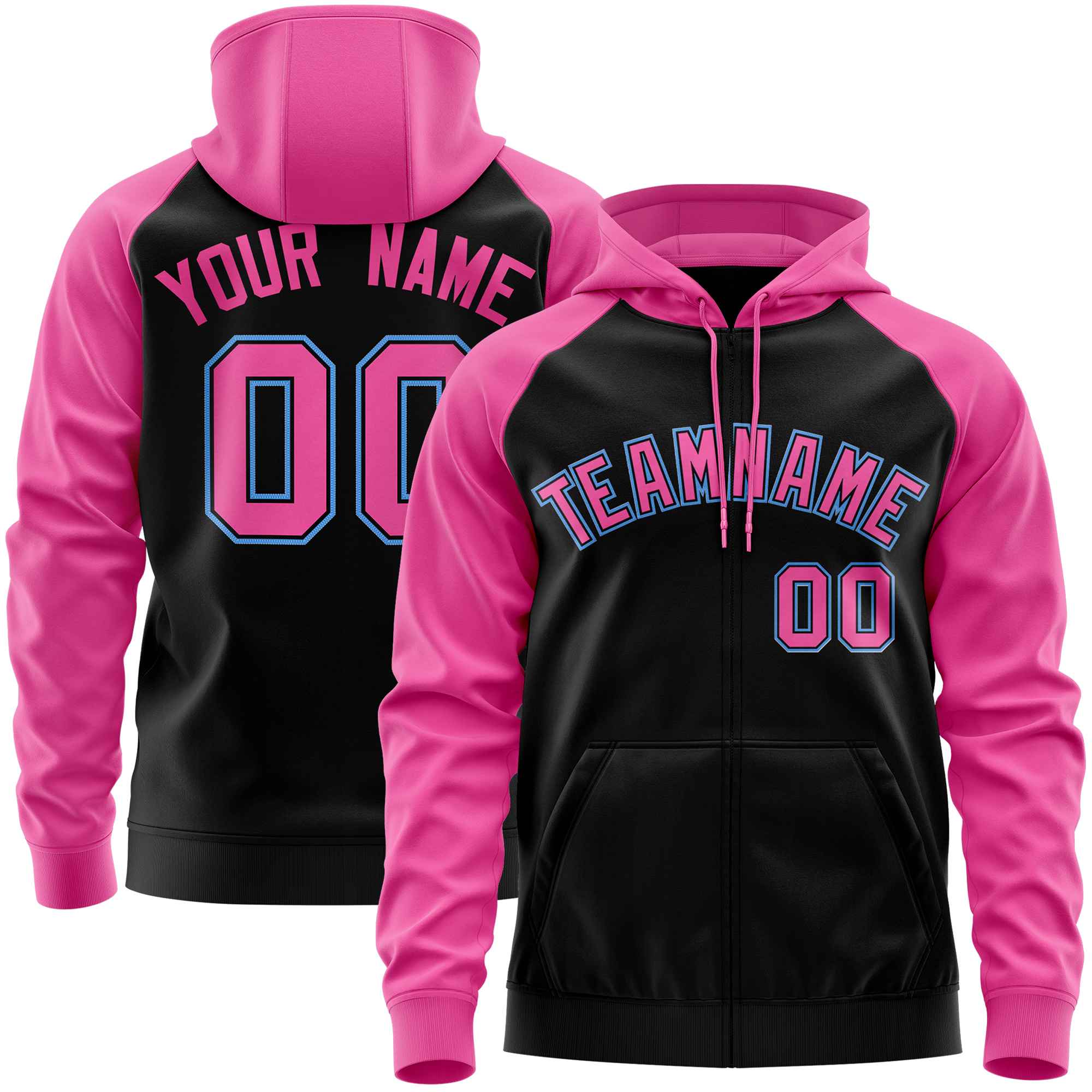 Custom Stitched Black Pink Raglan Sleeves Sports Full-Zip Sweatshirt Hoodie