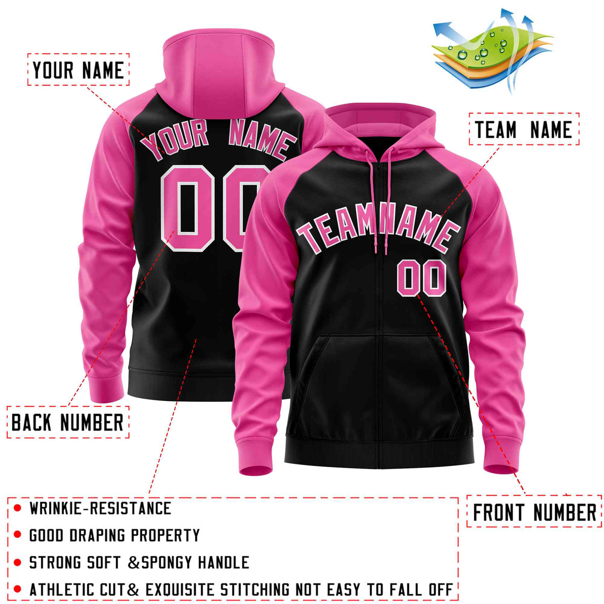 Custom Stitched Black Pink Raglan Sleeves Sports Full-Zip Sweatshirt Hoodie