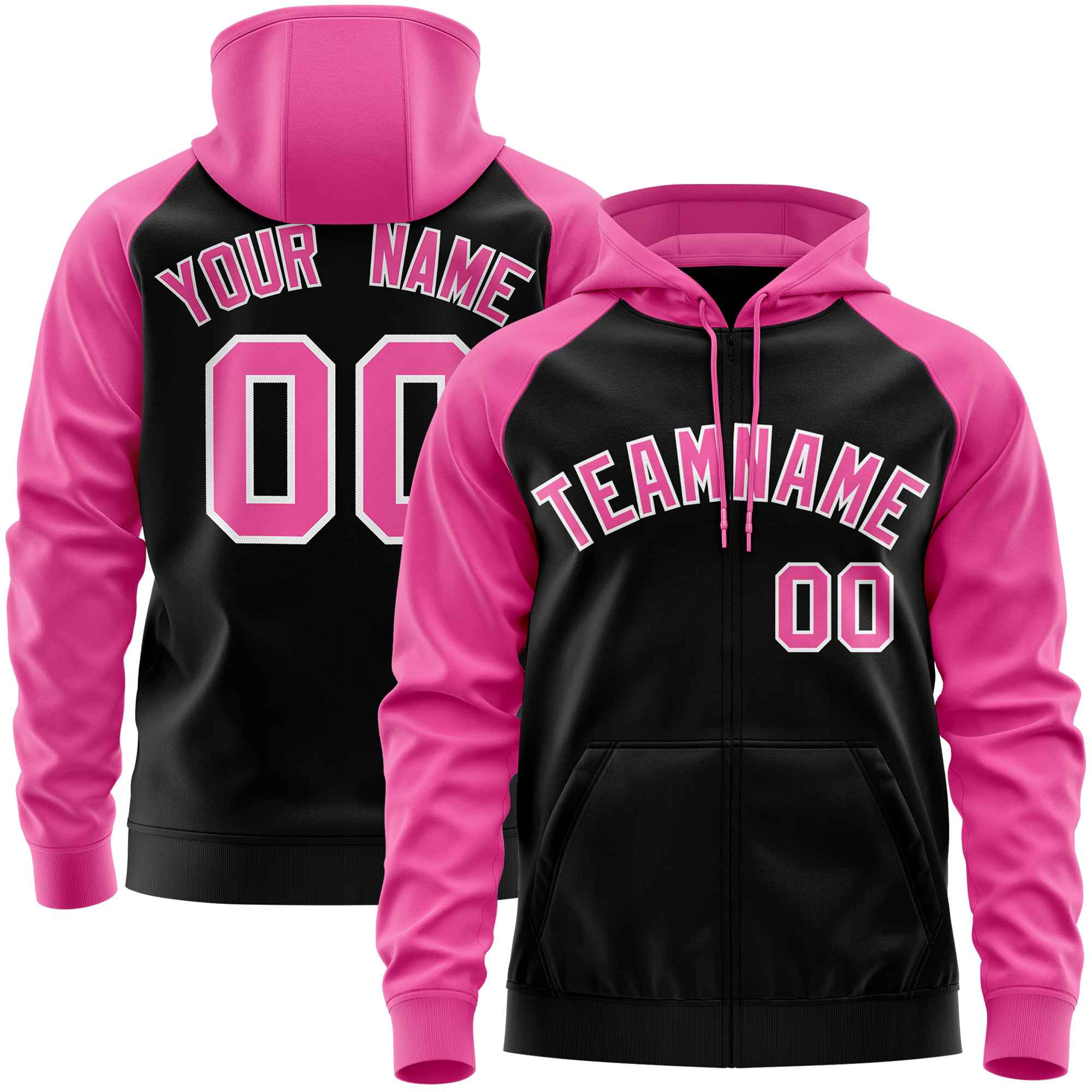 Custom Stitched Black Pink Raglan Sleeves Sports Full-Zip Sweatshirt Hoodie