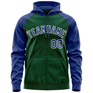 Custom Stitched Green Royal-White Raglan Sleeves Sports Full-Zip Sweatshirt Hoodie