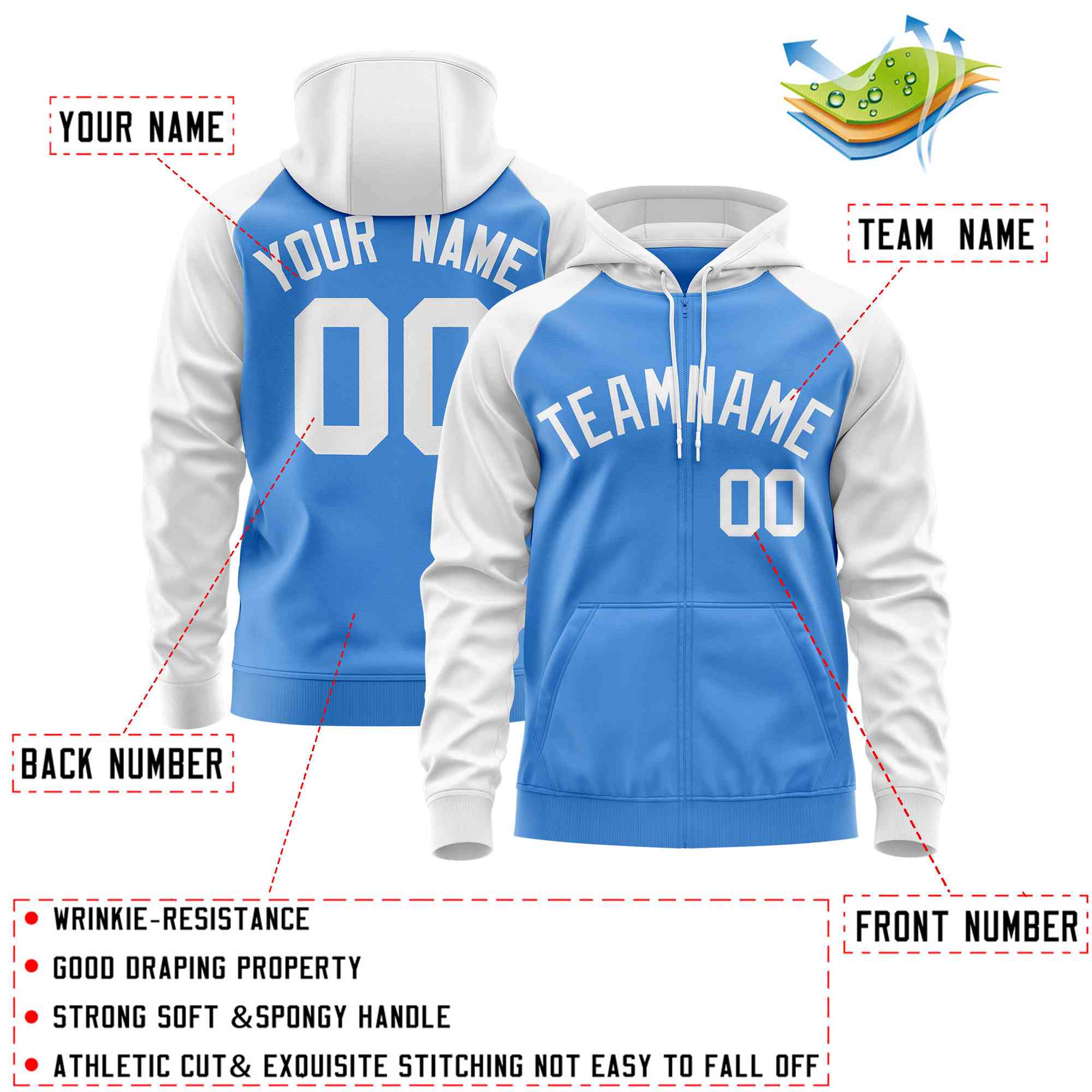 Custom Stitched Powder Blue White Raglan Sleeves Sports Full-Zip Sweatshirt Hoodie