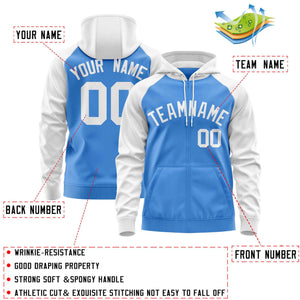 Custom Stitched Powder Blue White Raglan Sleeves Sports Full-Zip Sweatshirt Hoodie