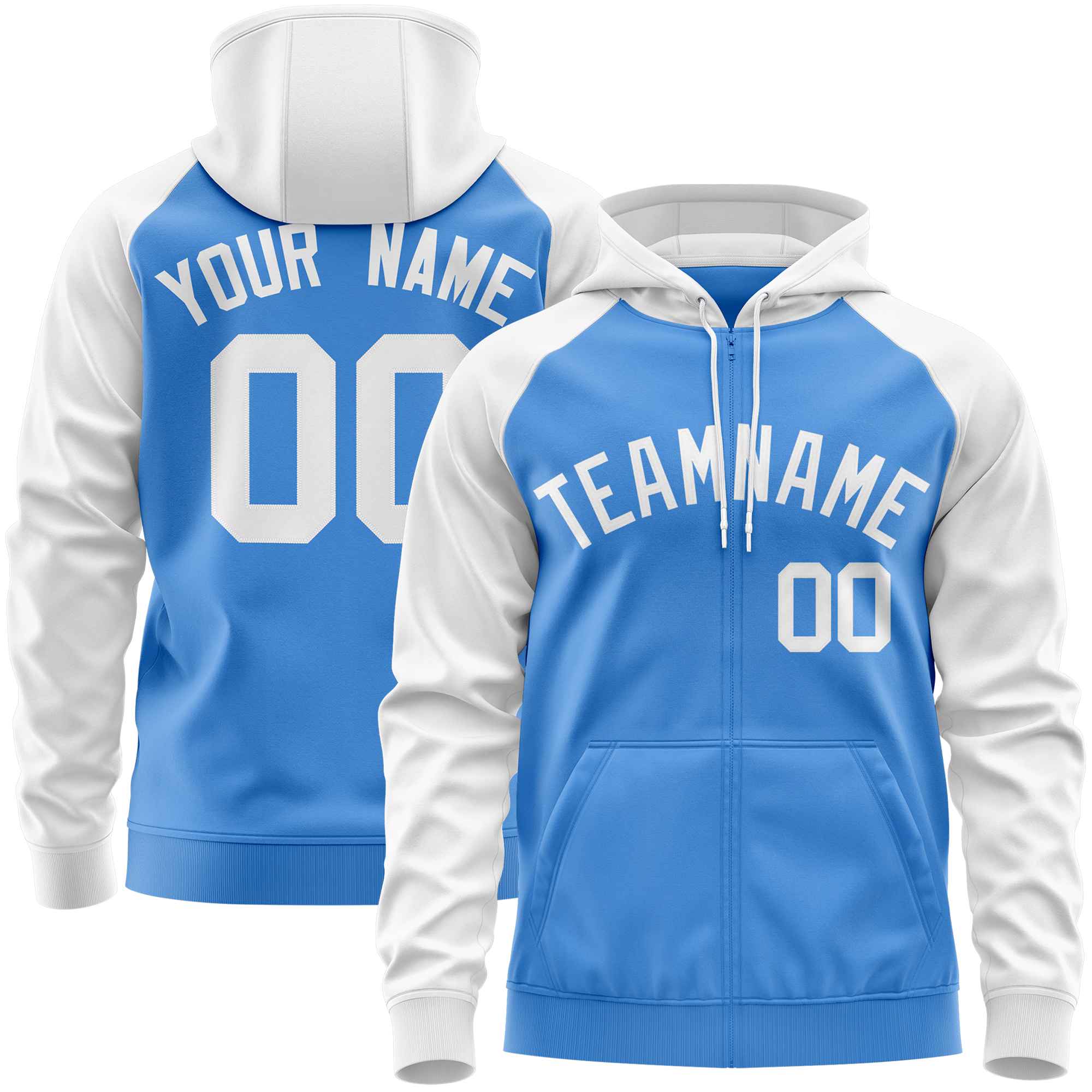 Custom Stitched Powder Blue White Raglan Sleeves Sports Full-Zip Sweatshirt Hoodie