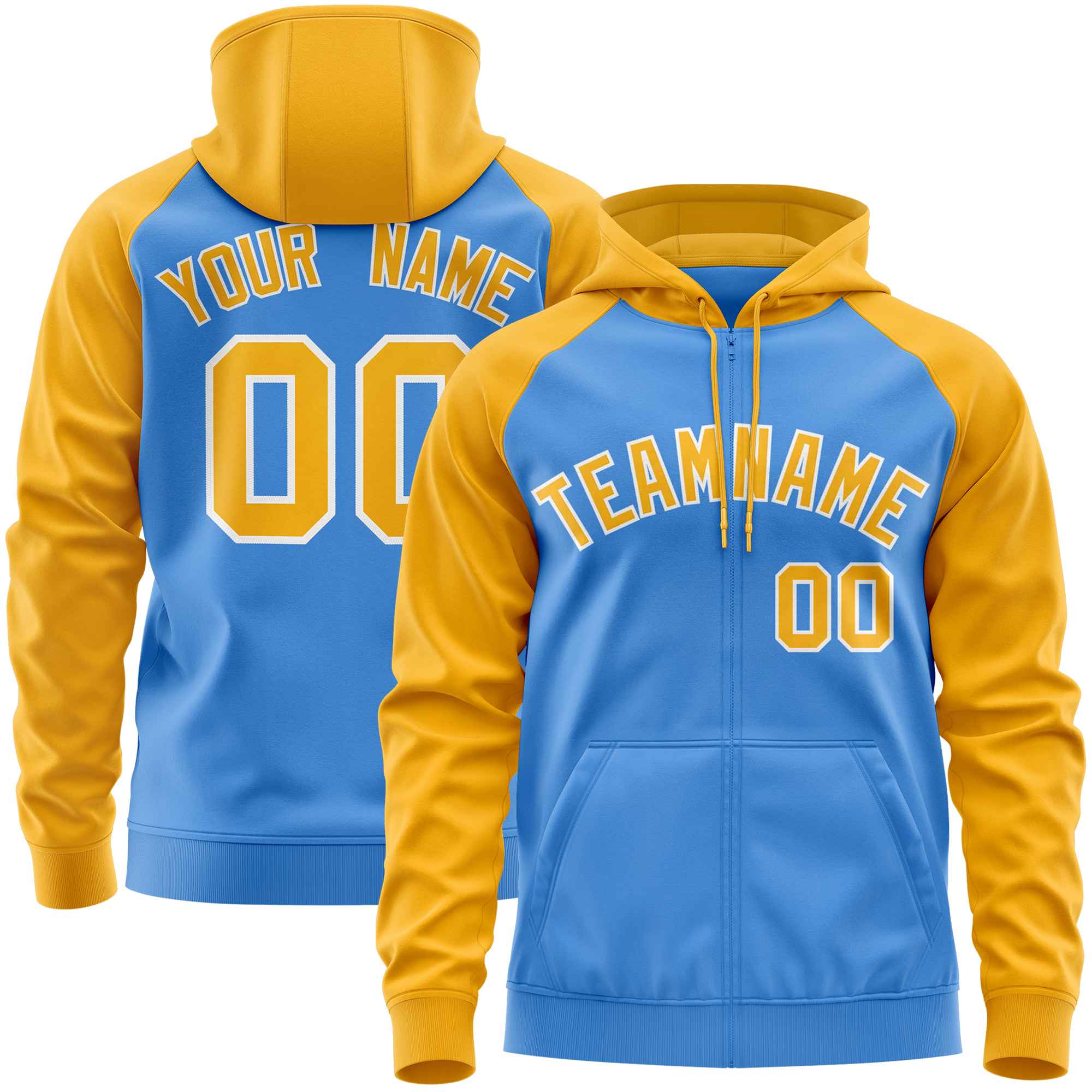 Custom Stitched Powder Blue Gold Raglan Sleeves Sports Full-Zip Sweatshirt Hoodie