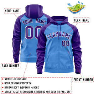 Custom Stitched Powder Blue Purple Raglan Sleeves Sports Full-Zip Sweatshirt Hoodie