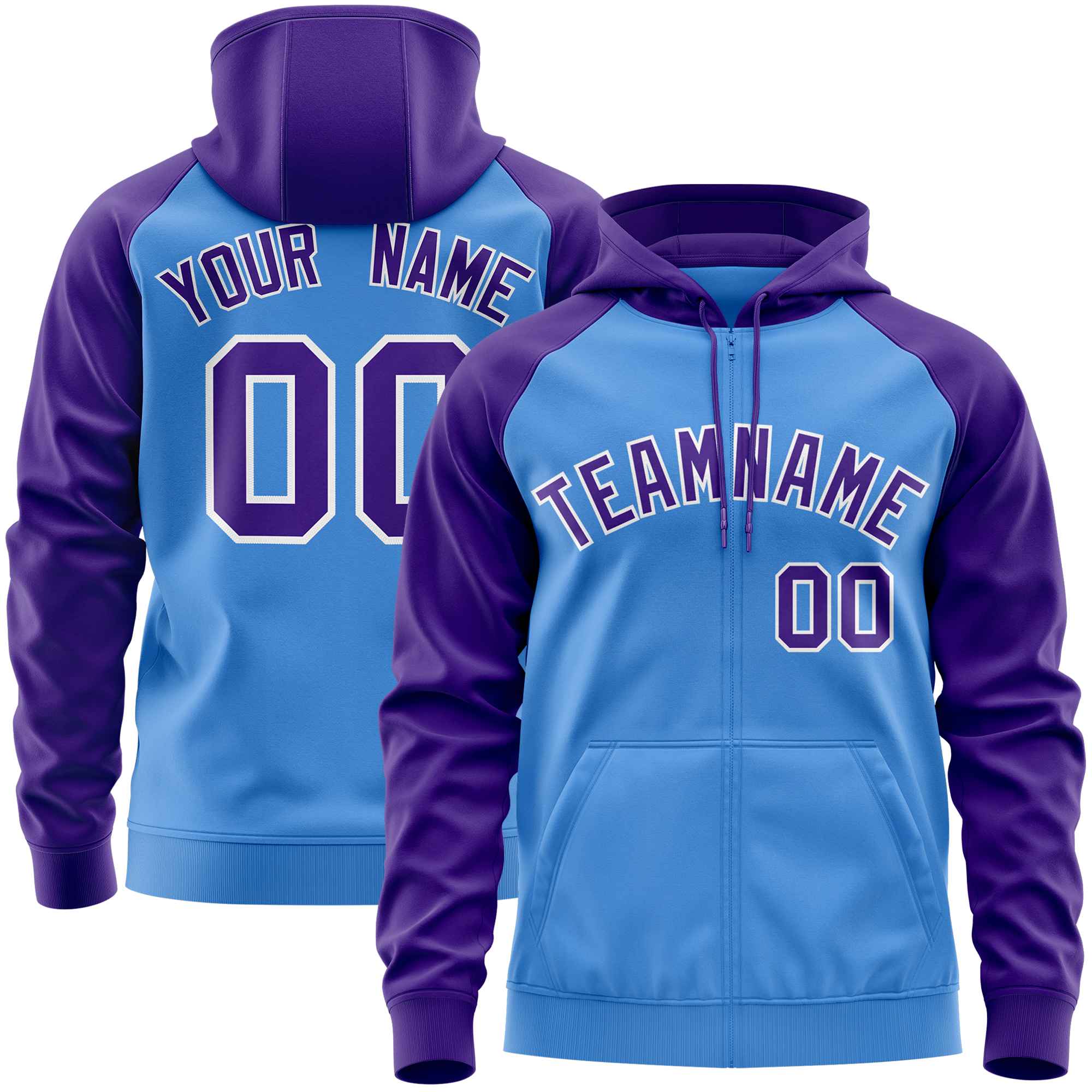 Custom Stitched Powder Blue Purple Raglan Sleeves Sports Full-Zip Sweatshirt Hoodie