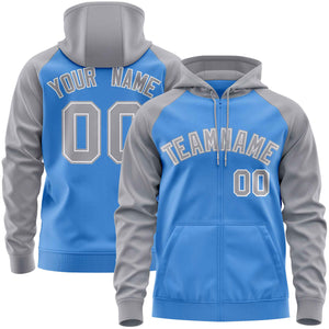 Custom Stitched Powder Blue Light Gray Raglan Sleeves Sports Full-Zip Sweatshirt Hoodie