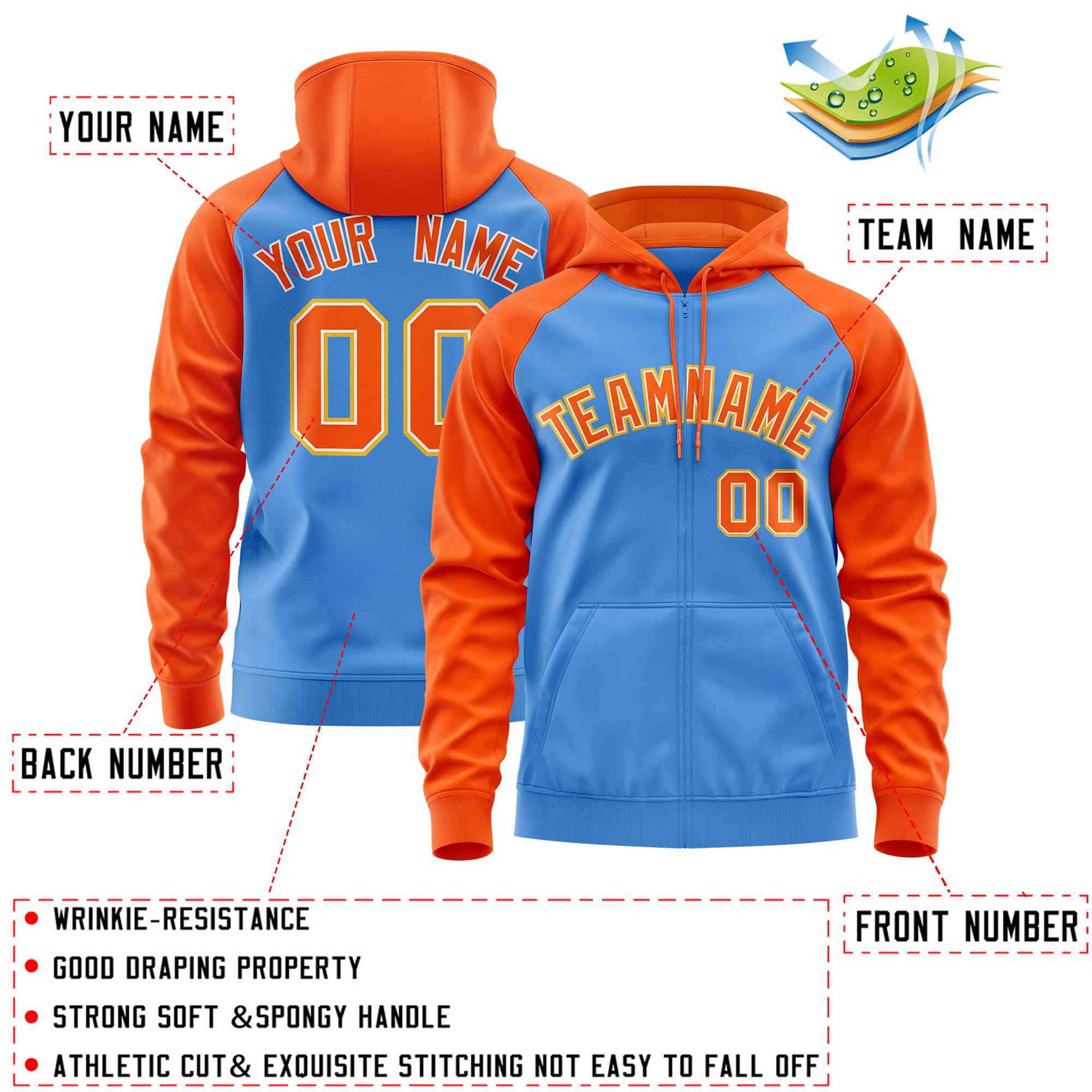 Custom Stitched Powder Blue Orange Raglan Sleeves Sports Full-Zip Sweatshirt Hoodie