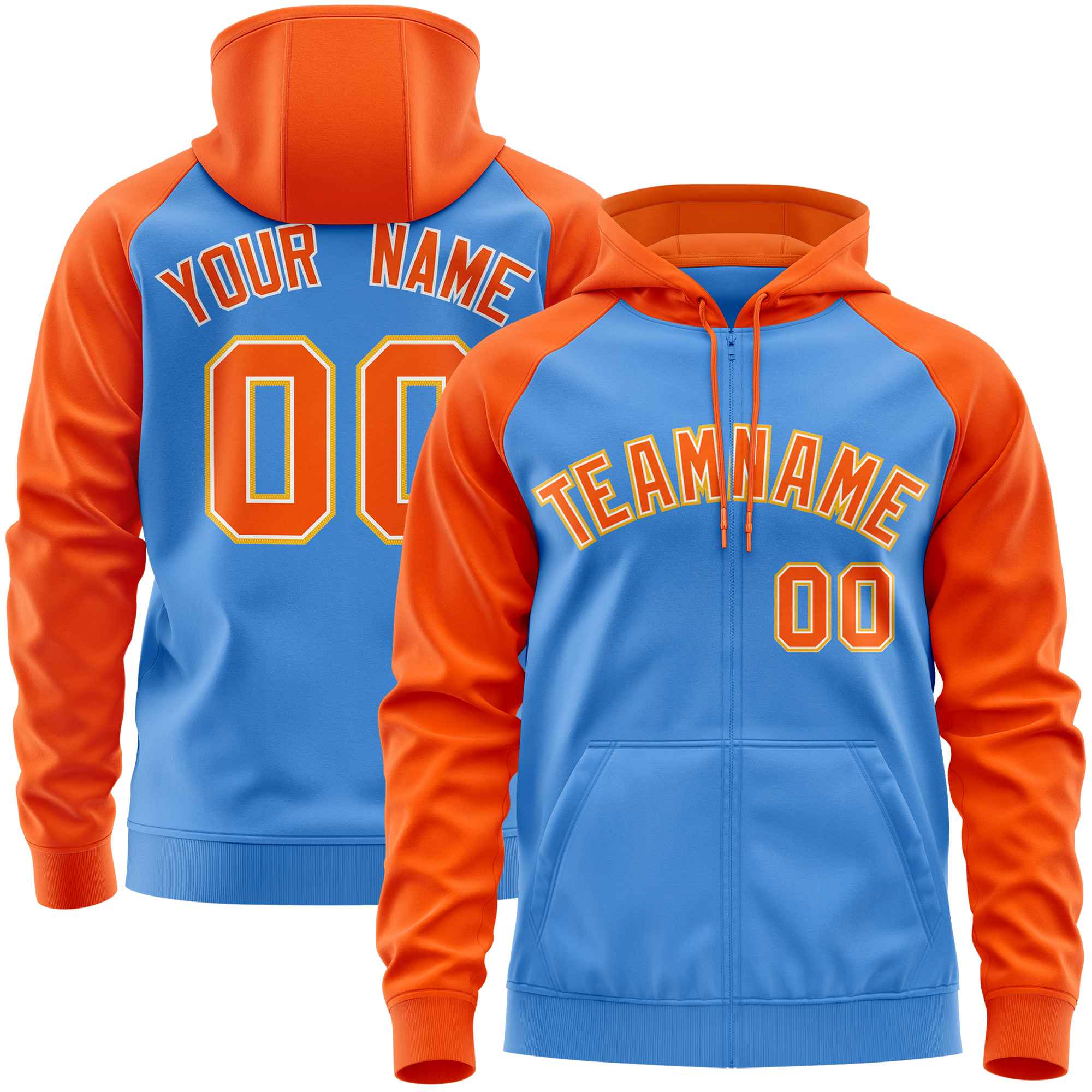 Custom Stitched Powder Blue Orange Raglan Sleeves Sports Full-Zip Sweatshirt Hoodie