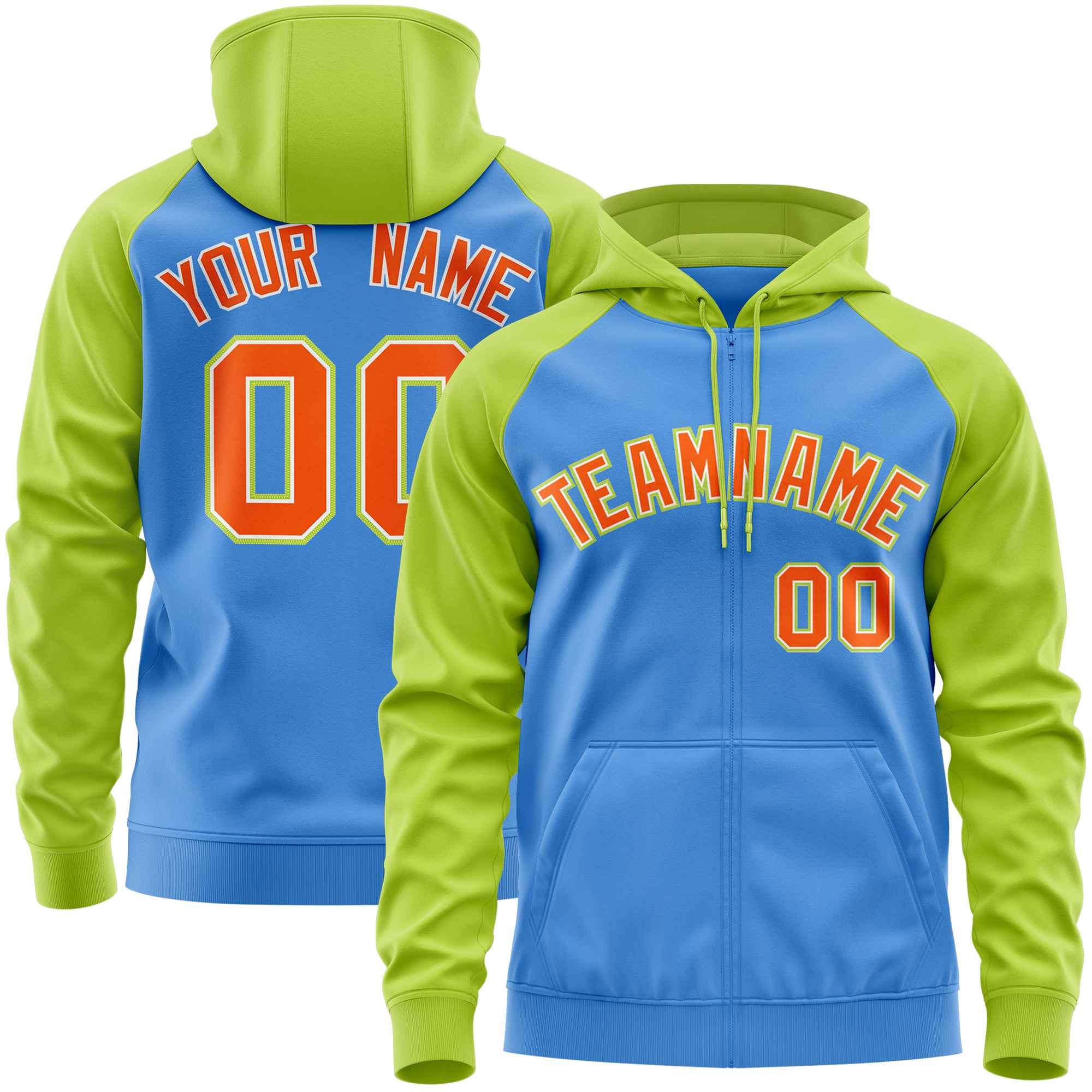 Custom Stitched Powder Blue Neon Green-Orange Raglan Sleeves Sports Full-Zip Sweatshirt Hoodie