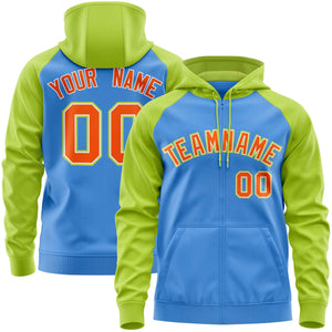 Custom Stitched Powder Blue Neon Green-Orange Raglan Sleeves Sports Full-Zip Sweatshirt Hoodie