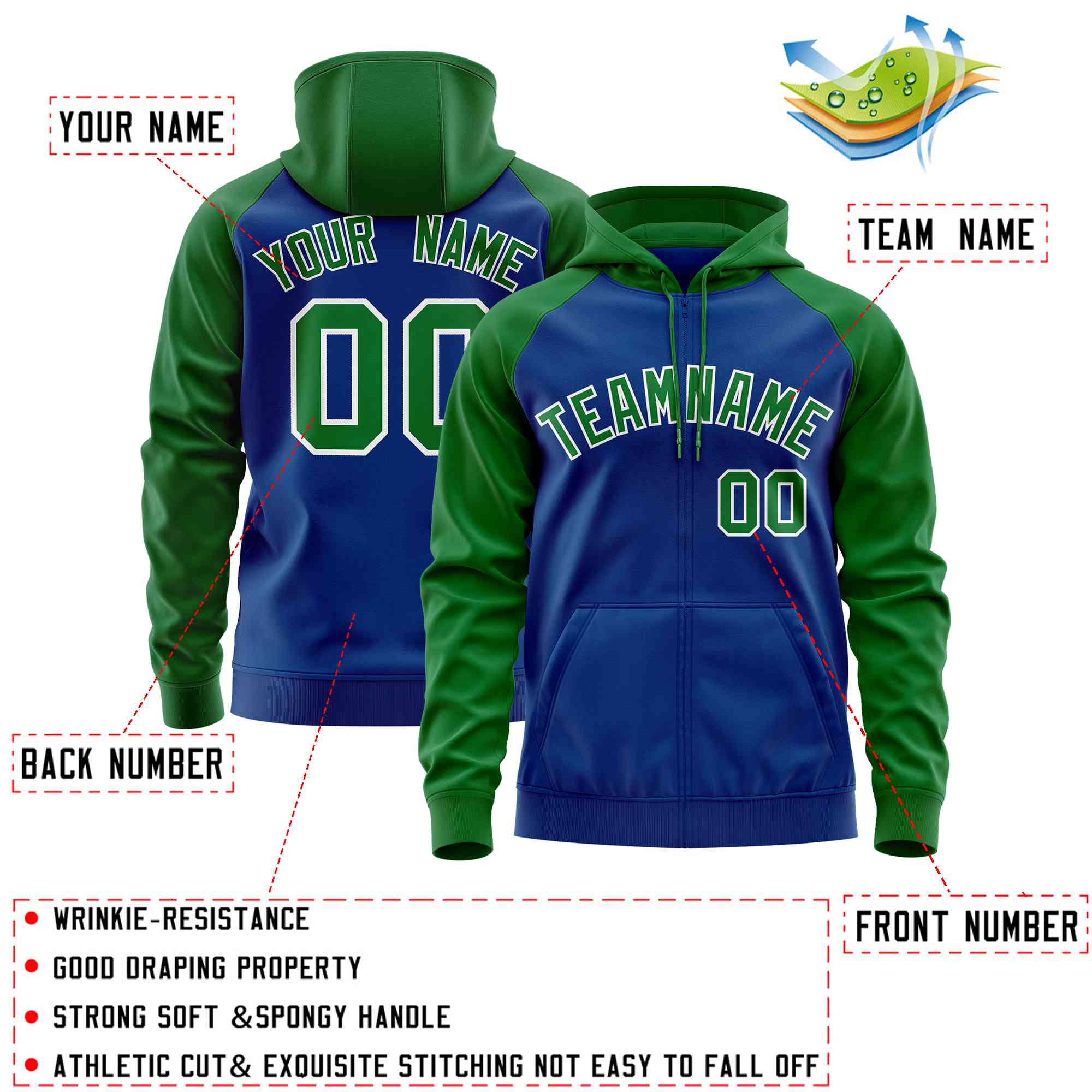 Custom Stitched Royal Kelly Green Raglan Sleeves Sports Full-Zip Sweatshirt Hoodie