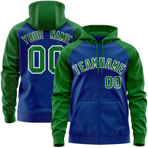 Custom Stitched Royal Kelly Green Raglan Sleeves Sports Full-Zip Sweatshirt Hoodie