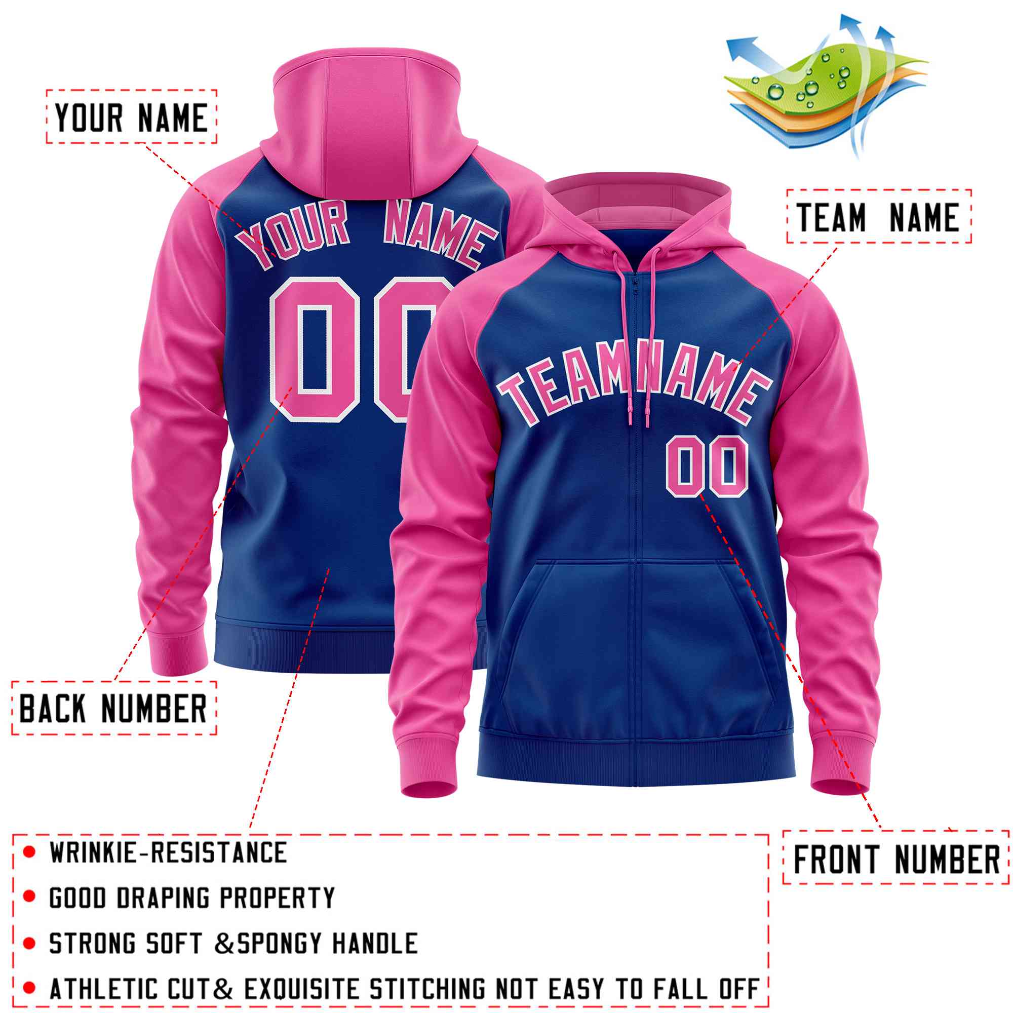 Custom Stitched Royal Pink Raglan Sleeves Sports Full-Zip Sweatshirt Hoodie